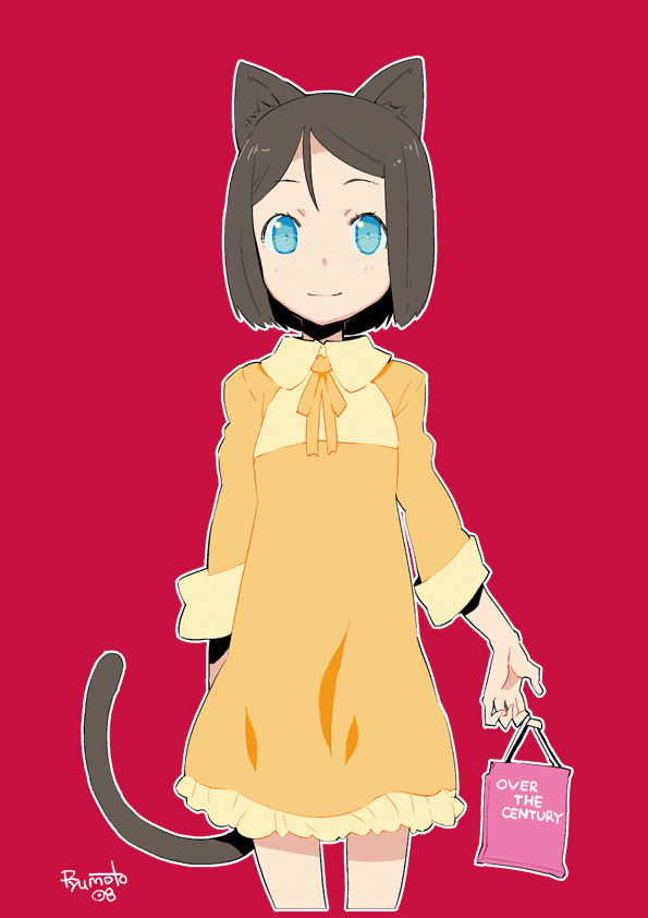 hamamoto ryuusuke, animal ears, blue eyes, brown hair, cat ears, cat tail, dress, short hair, smile, solo, tail