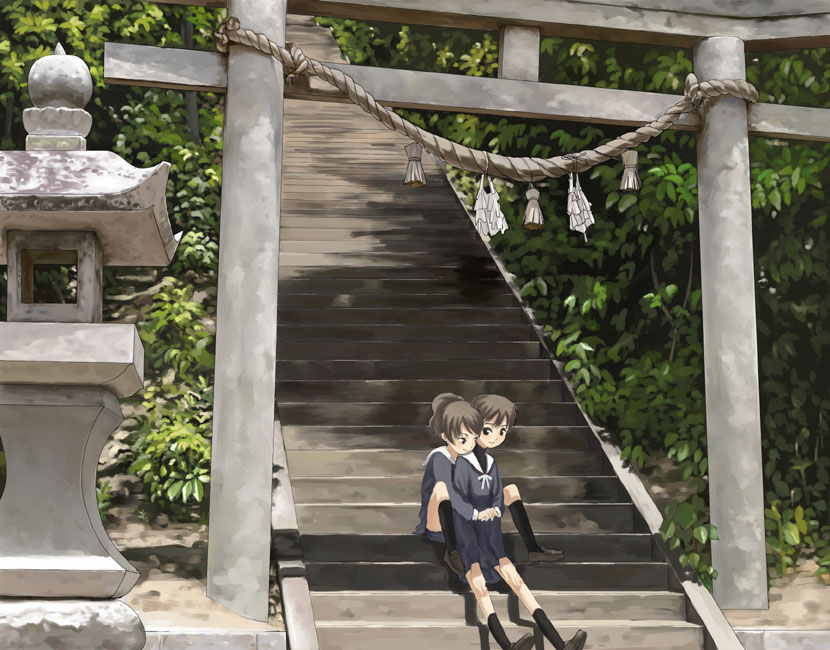 yamamoto shima, original, bad id, 2girls, hug, multiple girls, school uniform, serafuku, shibahime kyou, sitting, sitting on stairs, stairs, torii