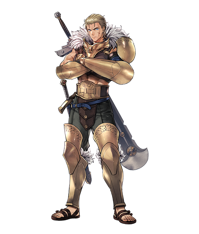 suekane kumiko, ogma (fire emblem), fire emblem, fire emblem: mystery of the emblem, fire emblem heroes, nintendo, official art, 1boy, abs, armor, belt, blonde hair, blue belt, blue eyes, closed mouth, cross scar, crossed arms, fur trim, huge weapon, leg armor, male focus, muscular, muscular male, official alternate costume, ogma (former gladiator) (fire emblem), pants, sandals, scar, scar on face, short hair, simple background, solo, sword, weapon