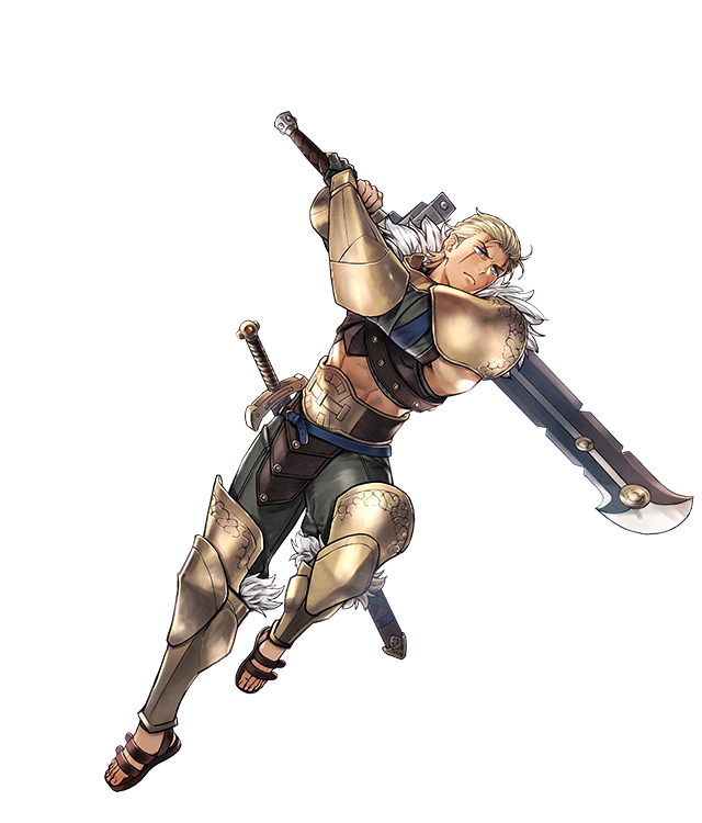 suekane kumiko, ogma (fire emblem), fire emblem, fire emblem: mystery of the emblem, fire emblem heroes, nintendo, official art, 1boy, abs, armor, attack, belt, blonde hair, blue belt, blue eyes, closed mouth, cross scar, crossed arms, fighting stance, fur trim, holding, holding sword, holding weapon, huge weapon, leg armor, male focus, muscular, muscular male, official alternate costume, ogma (former gladiator) (fire emblem), pants, sandals, scar, scar on face, short hair, simple background, solo, sword, weapon