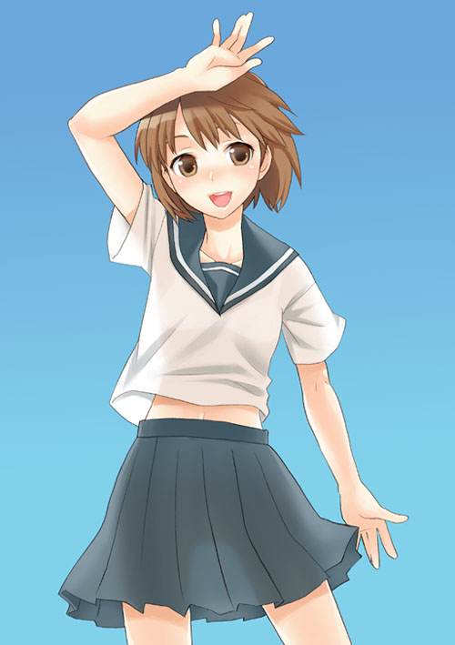 mattaku mousuke, original, blue background, brown eyes, brown hair, cowboy shot, midriff, school uniform, see-through clothes, serafuku, solo