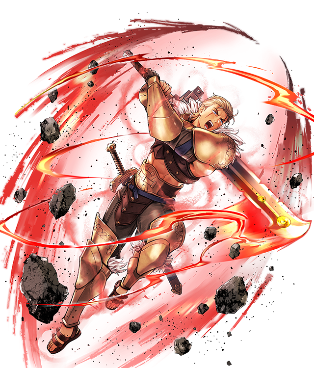suekane kumiko, ogma (fire emblem), fire emblem, fire emblem: mystery of the emblem, fire emblem heroes, nintendo, official art, 1boy, abs, armor, attack, belt, blonde hair, blue belt, blue eyes, cross scar, crossed arms, fighting stance, fur trim, holding, holding sword, holding weapon, huge weapon, leg armor, male focus, muscular, muscular male, official alternate costume, ogma (former gladiator) (fire emblem), open mouth, pants, rock, sandals, scar, scar on face, short hair, simple background, solo, sword, teeth, weapon