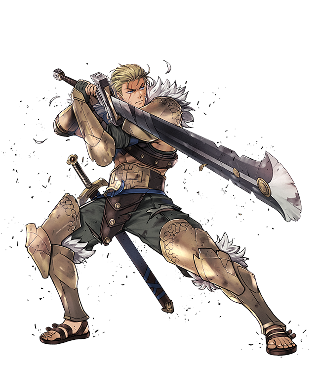 suekane kumiko, ogma (fire emblem), fire emblem, fire emblem: mystery of the emblem, fire emblem heroes, nintendo, official art, 1boy, abs, armor, battle damage, belt, blonde hair, blue belt, blue eyes, closed mouth, cross scar, crossed arms, damaged, fur trim, huge weapon, leg armor, male focus, muscular, muscular male, official alternate costume, ogma (former gladiator) (fire emblem), pants, sandals, scar, scar on face, short hair, simple background, solo, sword, torn clothes, weapon