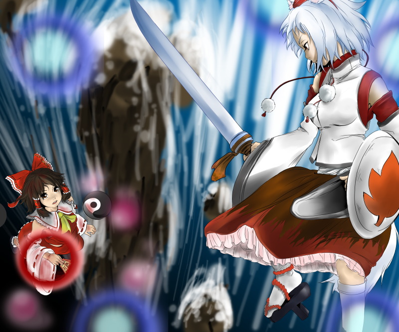 babalilo, hakurei reimu, inubashiri momiji, touhou, bad id, bad pixiv id, 2girls, animal ears, female focus, flying, geta, hat, japanese clothes, miko, multiple girls, shield, short hair, sword, tail, tengu-geta, weapon, wolf ears, wolf tail