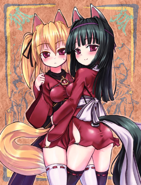 homura subaru, original, 2girls, animal ears, black hair, blonde hair, fox ears, japanese clothes, kimono, multiple girls, red eyes, short kimono, tail, thighhighs, yuri