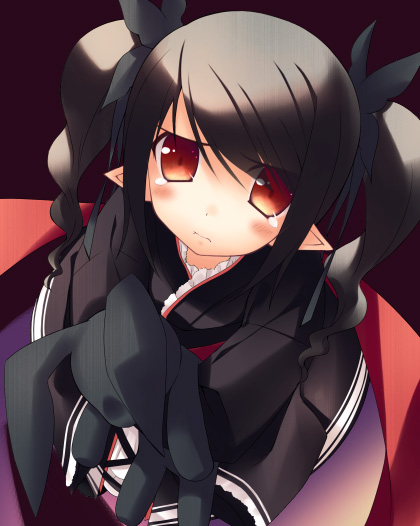 zinno, backbeako (torotei), gegege no kitarou, original, 1girl, black hair, blush, female focus, pointy ears, red eyes, simple background, solo, stuffed animal, stuffed rabbit, stuffed toy, tears, twintails