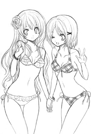 yukiwo, original, lowres, 2girls, bangle, bikini, bracelet, flower, front-tie top, greyscale, hair flower, hair ornament, holding hands, jewelry, leaning forward, long hair, lowleg, monochrome, multiple girls, one eye closed, open mouth, short hair, side-tie bikini bottom, sketch, smile, swimsuit, v, v arms, wavy hair, wink