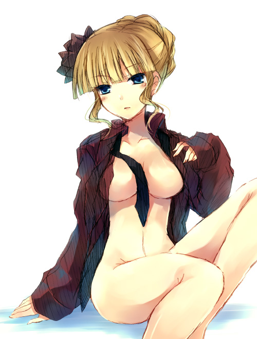 suzushiro kurumi, beatrice (umineko), umineko no naku koro ni, 00s, 1girl, blonde hair, blue eyes, blunt bangs, bottomless, female focus, naked shirt, necktie, no bra, open clothes, open shirt, shirt, simple background, solo, white background