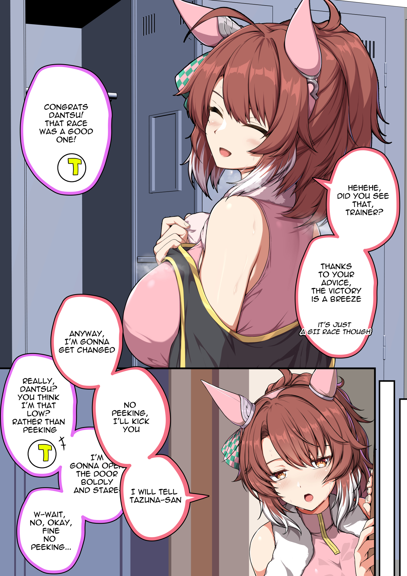 sheita, dantsu flame (umamusume), umamusume, commentary, english commentary, highres, 1girl, animal ears, bare shoulders, black shrug, blush, brown eyes, brown hair, closed eyes, ear covers, english text, horse ears, horse girl, long hair, open mouth, pink sports bra, ponytail, shrug (clothing), solo, sports bra, towel, towel around neck, upper body