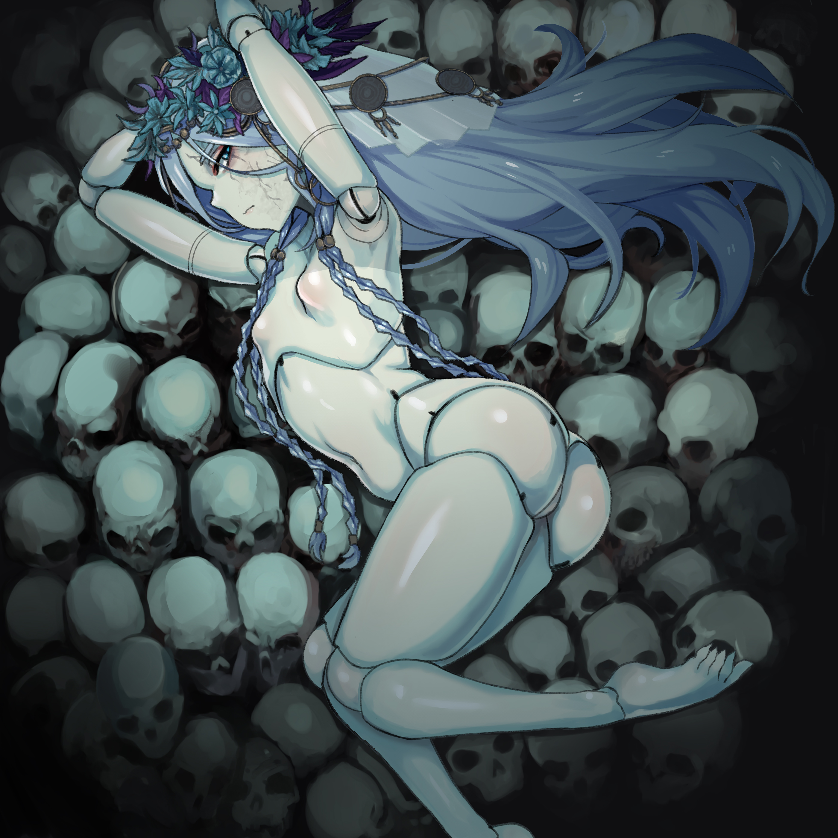 damagefloor, revenant (elden ring), elden ring, elden ring nightreign, fromsoftware, 1girl, ass, blue eyes, breasts, doll, doll joints, flower, grey hair, hair flower, hair ornament, joints, looking at viewer, skull, small breasts