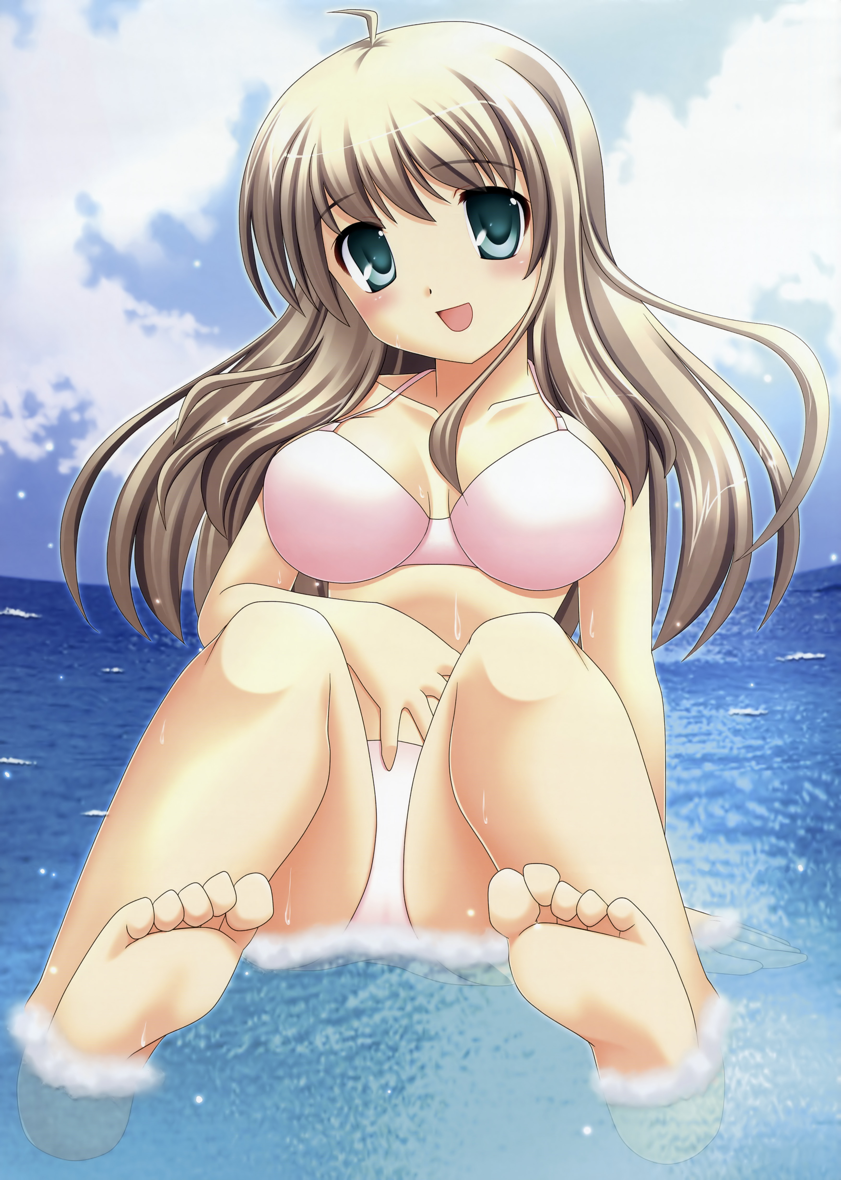 inuzumi masaki, misaki haruna, step x steady, absurdres, highres, 1girl, barefoot, bikini, blonde hair, blue eyes, breasts, cleavage, feet, long hair, loversoul, sitting, swimsuit, water, wet
