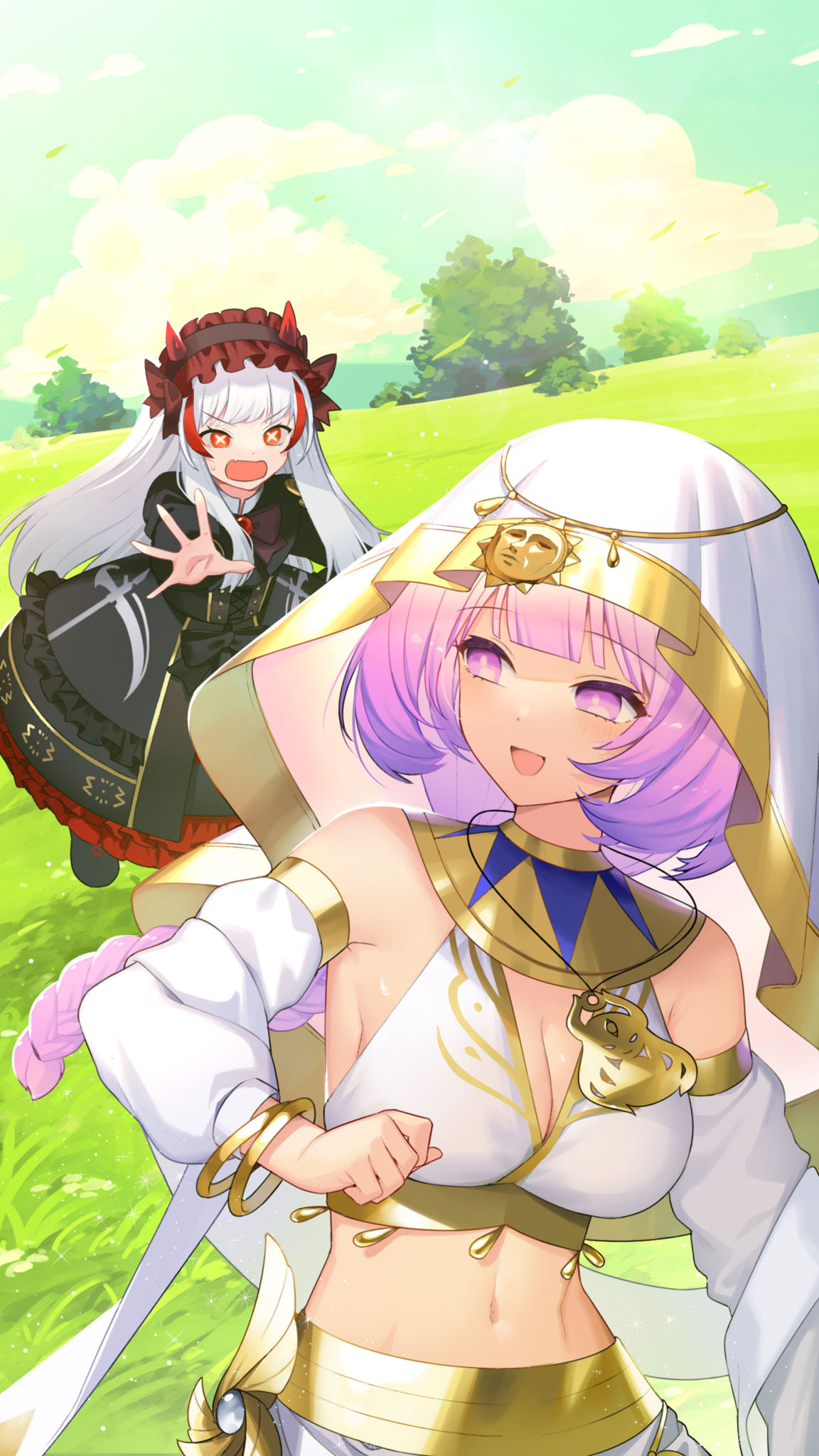 line: monster farm, monster farm, official art, + +, 2girls, arabian clothes, gali (monster farm) cosplay, gothic lolita, hakutaku (monster farm), jewelry, joker (monster farm) cosplay, lolita fashion, marta (monster farm), mikalaeas (monster farm), multiple girls, purple eyes, purple hair, red eyes, white hair
