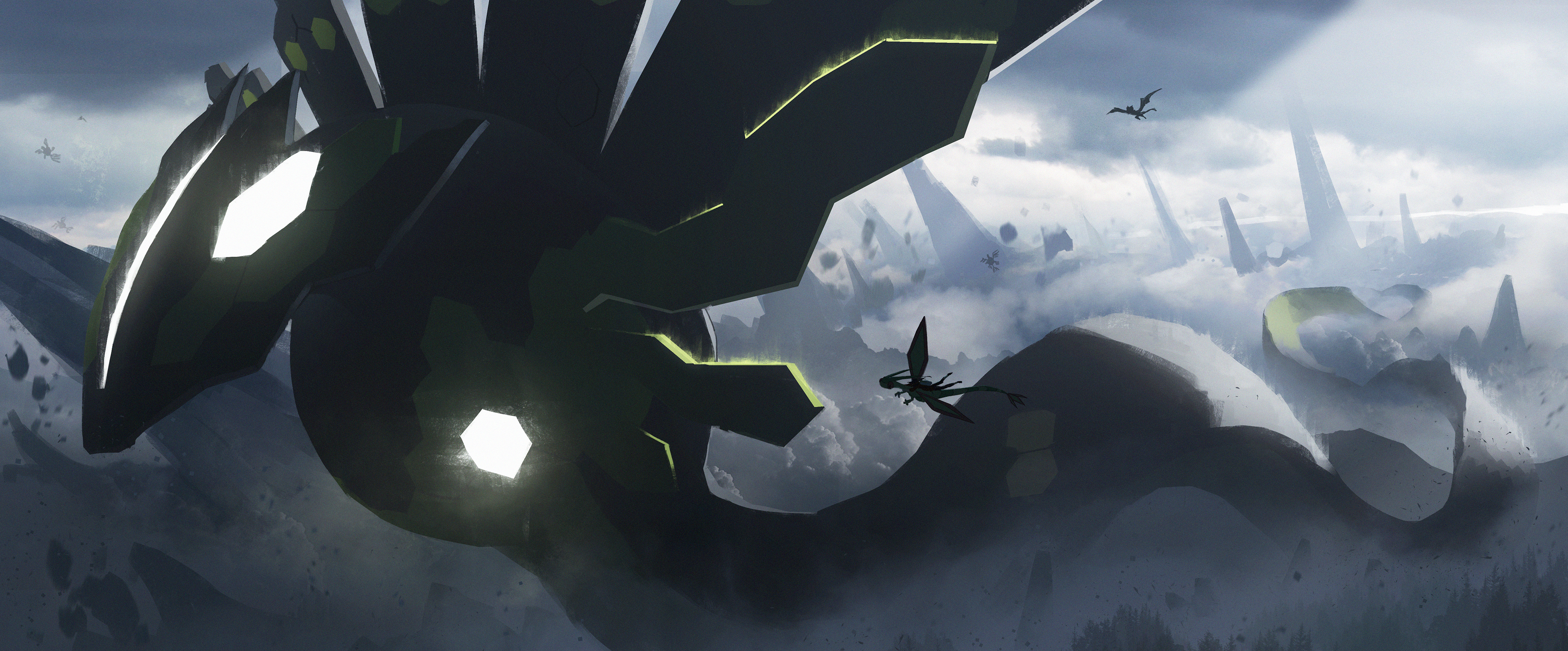 asteroid ill, flygon, noivern, sigilyph, zygarde, nintendo, original, pokemon, absurdres, commentary request, highres, 1girl, bat (animal), black skin, bow (weapon), branch, cherry blossoms, claws, cloud, cloudy sky, colored skin, compound bow, dappled sunlight, destruction, dragon, dragon tail, dust, flying, gen 3 pokemon, gen 5 pokemon, gen 6 pokemon, giant, giant monster, glowing, green skin, green wings, hexagon, horns, leaf, legendary pokemon, light particles, long hair, looking at another, mountain, mountainous horizon, multicolored skin, outdoors, pokemon (creature), riding, riding pokemon, scenery, shadow, size difference, sky, sunlight, tail, two-tone skin, weapon, wings, wyvern, zygarde (50)