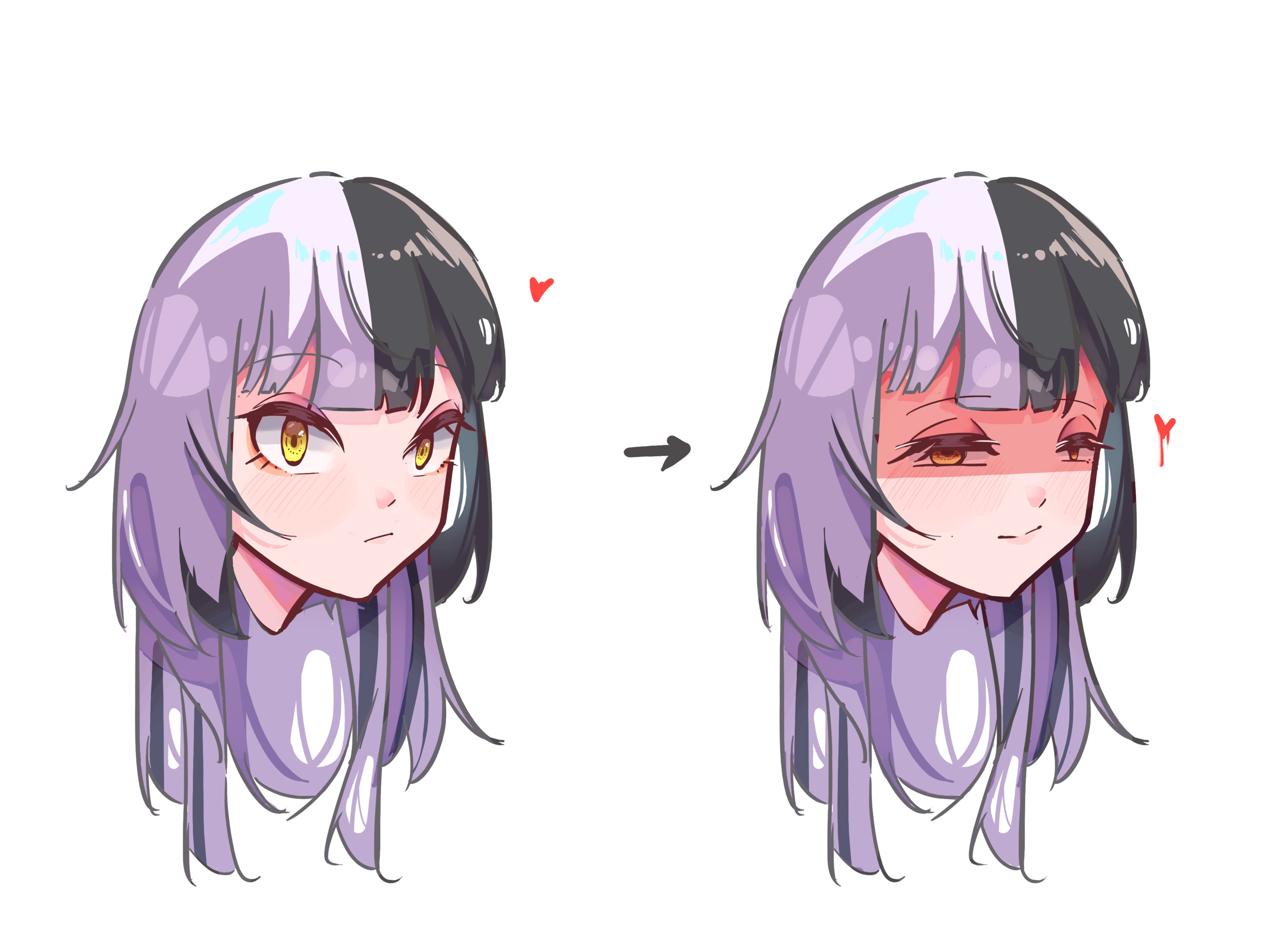trashcan223, shiori novella, hololive, hololive english, absurdres, commentary, english commentary, highres, 1girl, arrow (symbol), closed mouth, grey hair, head only, heart, multicolored hair, shaded face, simple background, split-color hair, two-tone hair, virtual youtuber, white background, yellow eyes