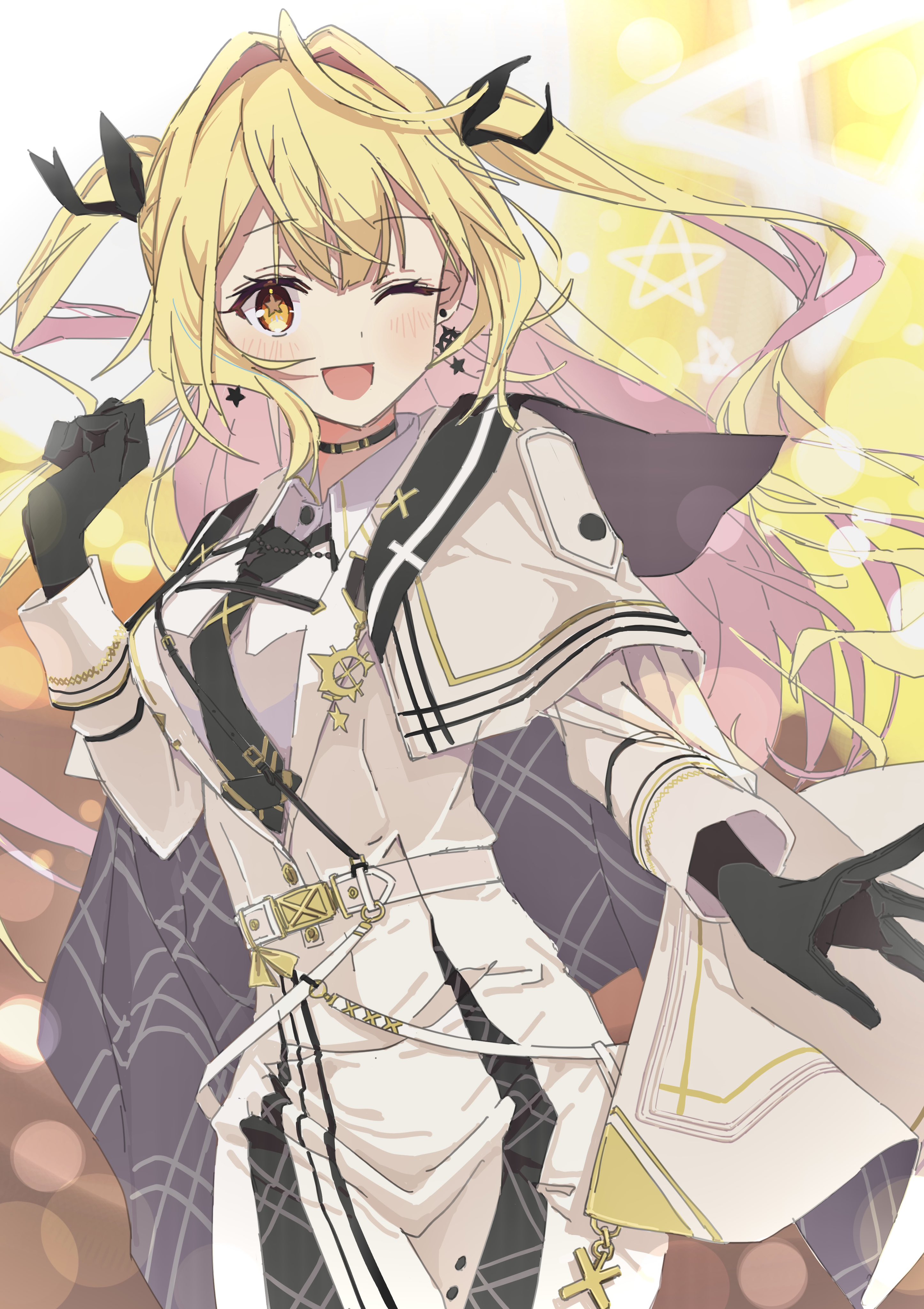 oninome tsuki, hoshikawa sara, hoshikawa sara (6th costume), nijisanji, absurdres, highres, 1girl, :d, arm up, belt, black gloves, black necktie, black straps, blonde hair, breasts, brown pantyhose, cape, capelet, coat, collar chain (jewelry), collared shirt, earrings, gloves, hair ornament, hair ribbon, jewelry, long hair, long sleeves, looking at viewer, military uniform, necktie, one eye closed, open mouth, pantyhose, plaid cape, plaid clothes, ribbon, shirt, smile, solo, star (symbol), star earrings, trench coat, twintails, virtual youtuber, white belt, white cape, white capelet, white coat, white shirt, yellow eyes
