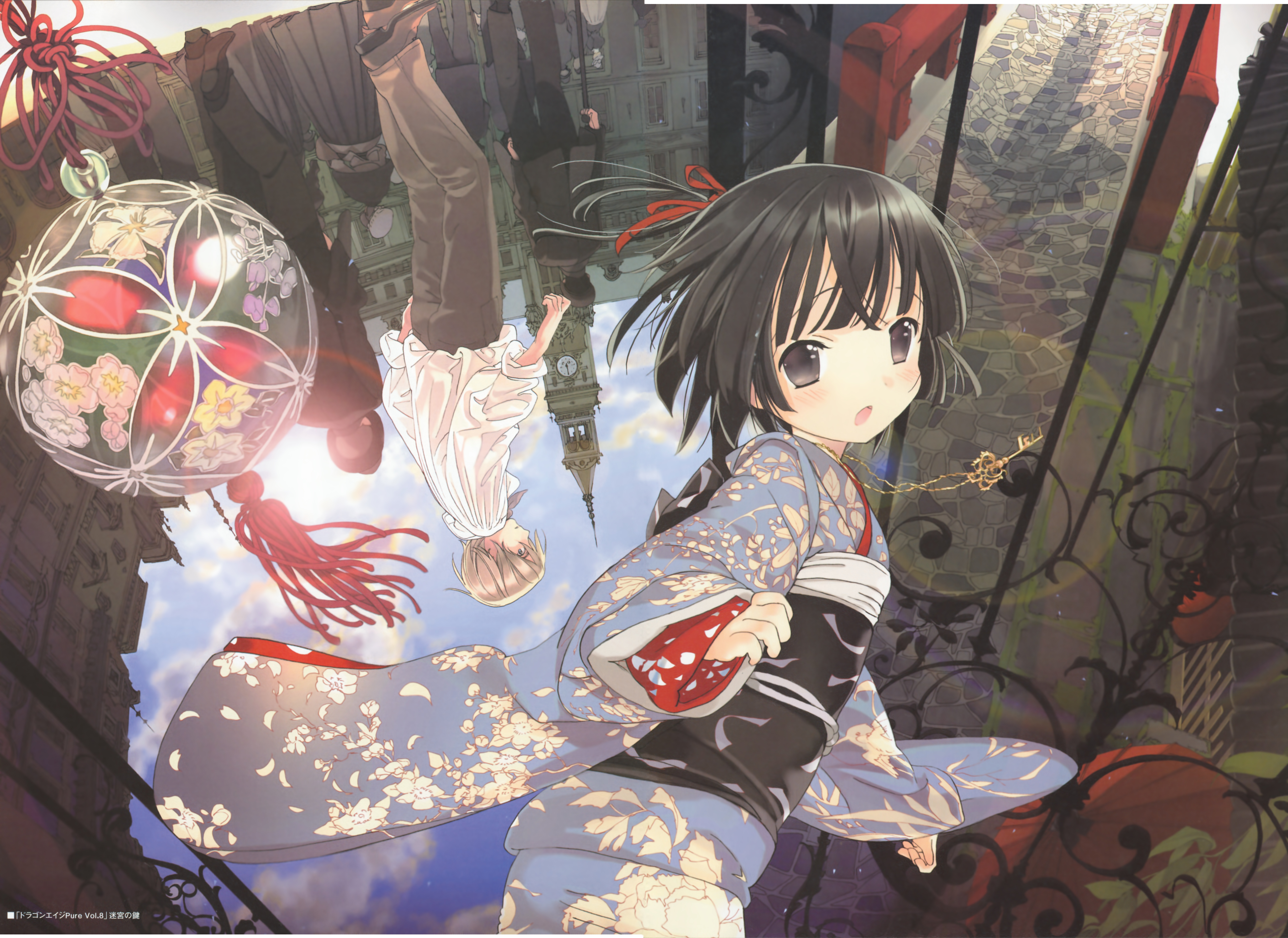 takeda hinata, claude claudel, yune (ikoku meiro no croisee), ikoku meiro no croisee, absurdres, highres, scan, 1boy, 1girl, black hair, blush, cloud, fisheye, flat chest, grey eyes, japanese clothes, kimono, looking at viewer, looking back, paris, ribbon, short hair, sky, upside-down, yukata