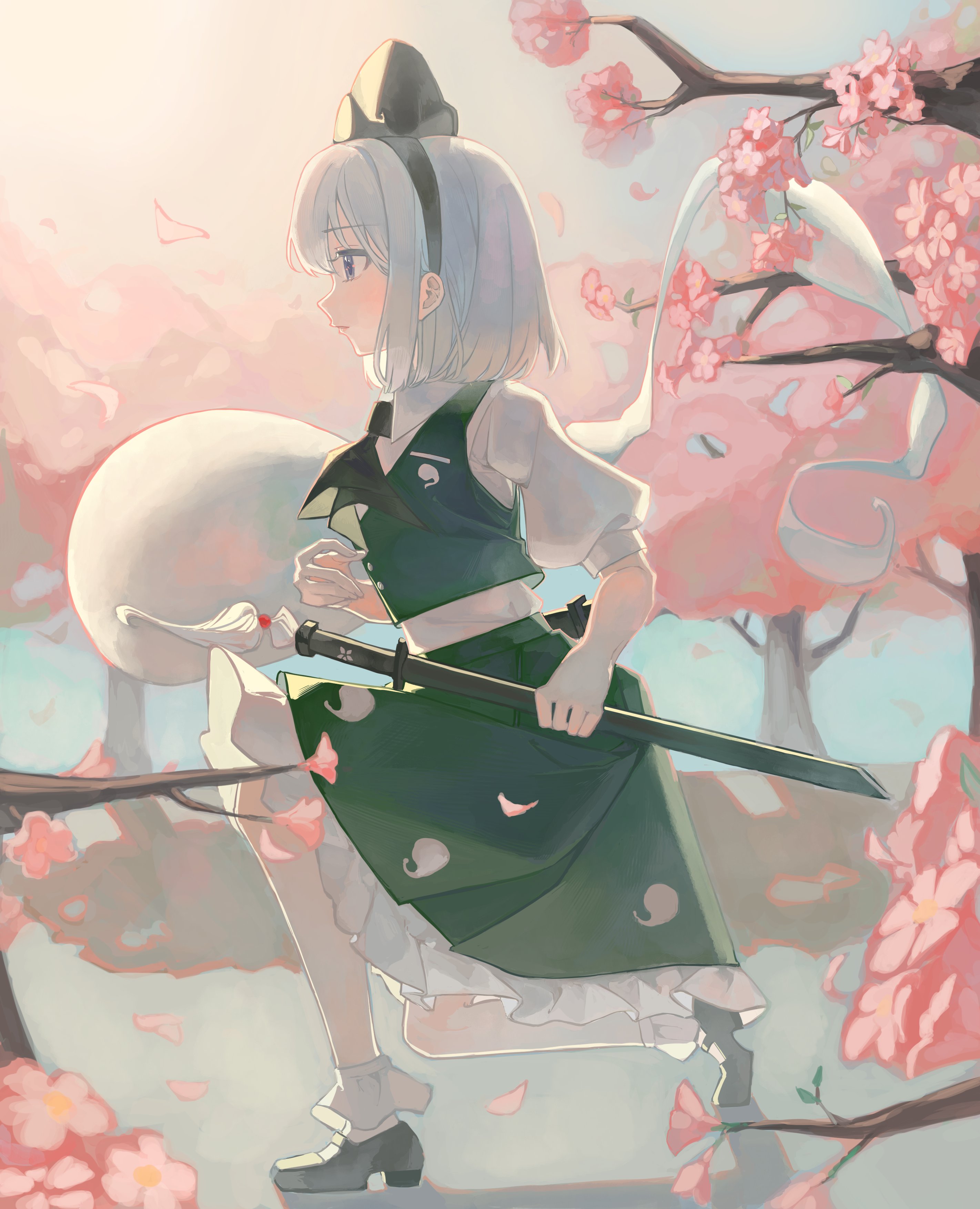 cindy717, konpaku youmu, konpaku youmu (ghost), touhou, absurdres, commentary request, highres, 1girl, backlighting, black hairband, black ribbon, black shoes, blue eyes, branch, cherry blossoms, frilled skirt, frills, from side, ghost print, green skirt, green vest, hair ribbon, hairband, holding, holding sword, holding weapon, mary janes, medium hair, on one knee, pink sky, profile, puffy short sleeves, puffy sleeves, ribbon, sheath, sheathed, shirt, shoes, short sleeves, skirt, sky, socks, solo, sword, sword tassel, tassel, tree, vest, weapon, white hair, white shirt, white socks