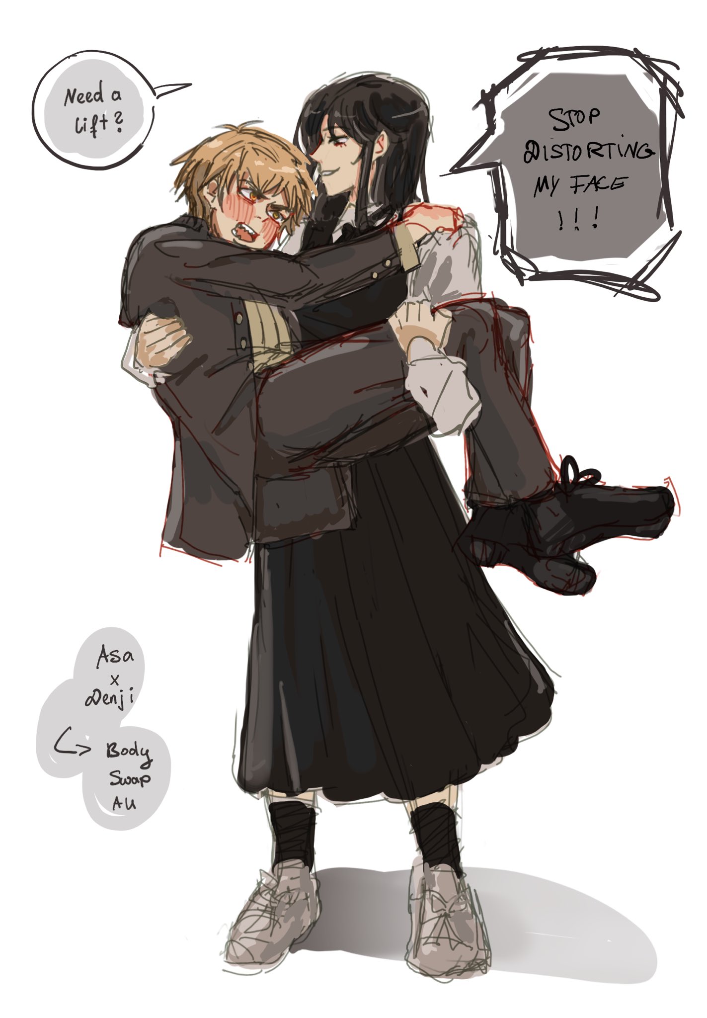 denji (chainsaw man), mitaka asa, chainsaw man, commentary, english commentary, highres, 1boy, 1girl, black dress, black eyes, black hair, black jacket, black pants, black shoes, black socks, blonde hair, blush, bunnymitaka, carrying, dress, english text, fourth east high school uniform, gakuran, hetero, jacket, long hair, open mouth, pants, pinafore dress, princess carry, school uniform, sharp teeth, shoes, short hair, sleeveless, sleeveless dress, socks, speech bubble, teeth, white background, white shoes