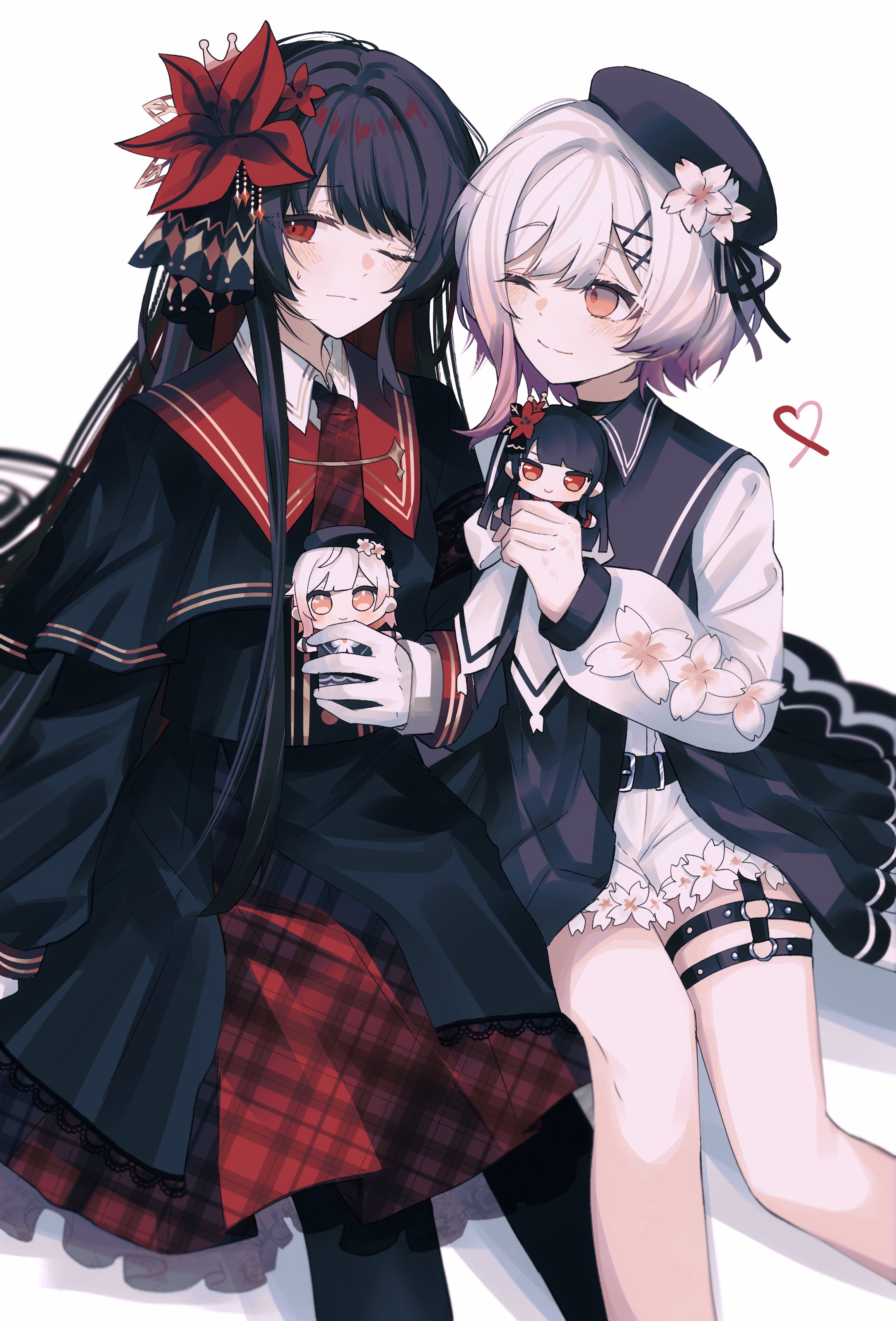 ritzchrono, nikaidou hiro, sakuraba ema, mahou shoujo no majo saiban, absurdres, highres, 2girls, armband, beret, black dress, black hair, black hat, black thighhighs, character doll, crown, doll, dress, flower, flower ornament, gradient hair, hair ornament, hat, hat flower, heart, long hair, magical girl, multicolored hair, multiple girls, necktie, one eye closed, pantyhose, pink eyes, pink hair, red armband, red eyes, red flower, red necktie, simple background, sitting, thigh strap, thighhighs, very long hair, white background, white flower, x hair ornament, yuri