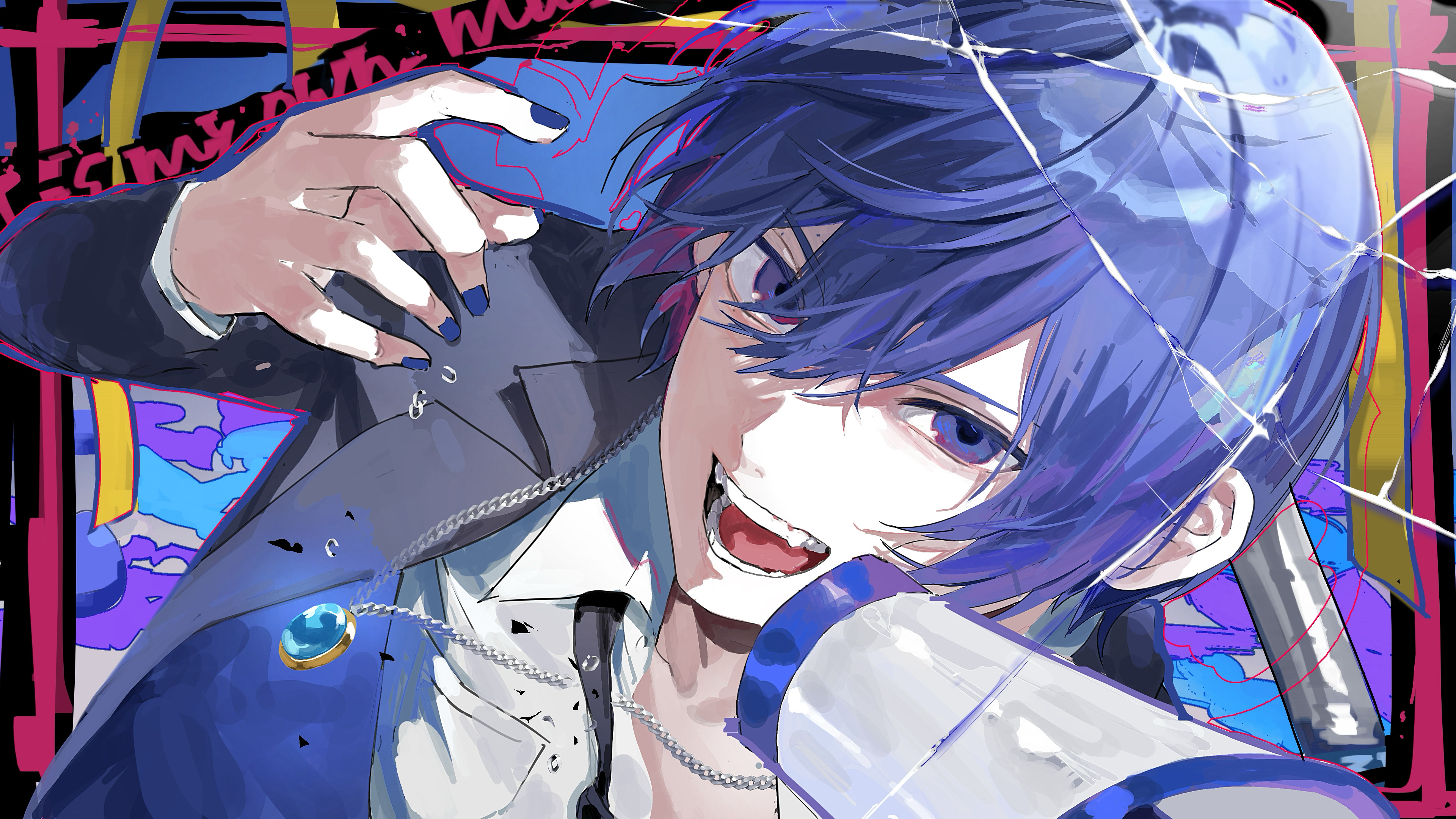 kani samurai, kaito (vocaloid), vocaloid, absurdres, highres, 1boy, black jacket, blue eyes, blue gemstone, blue hair, blue nails, chain, collared shirt, gem, hair between eyes, holding, holding megaphone, jacket, looking at viewer, male focus, megaphone, open mouth, shirt, short hair, solo, teeth, white shirt