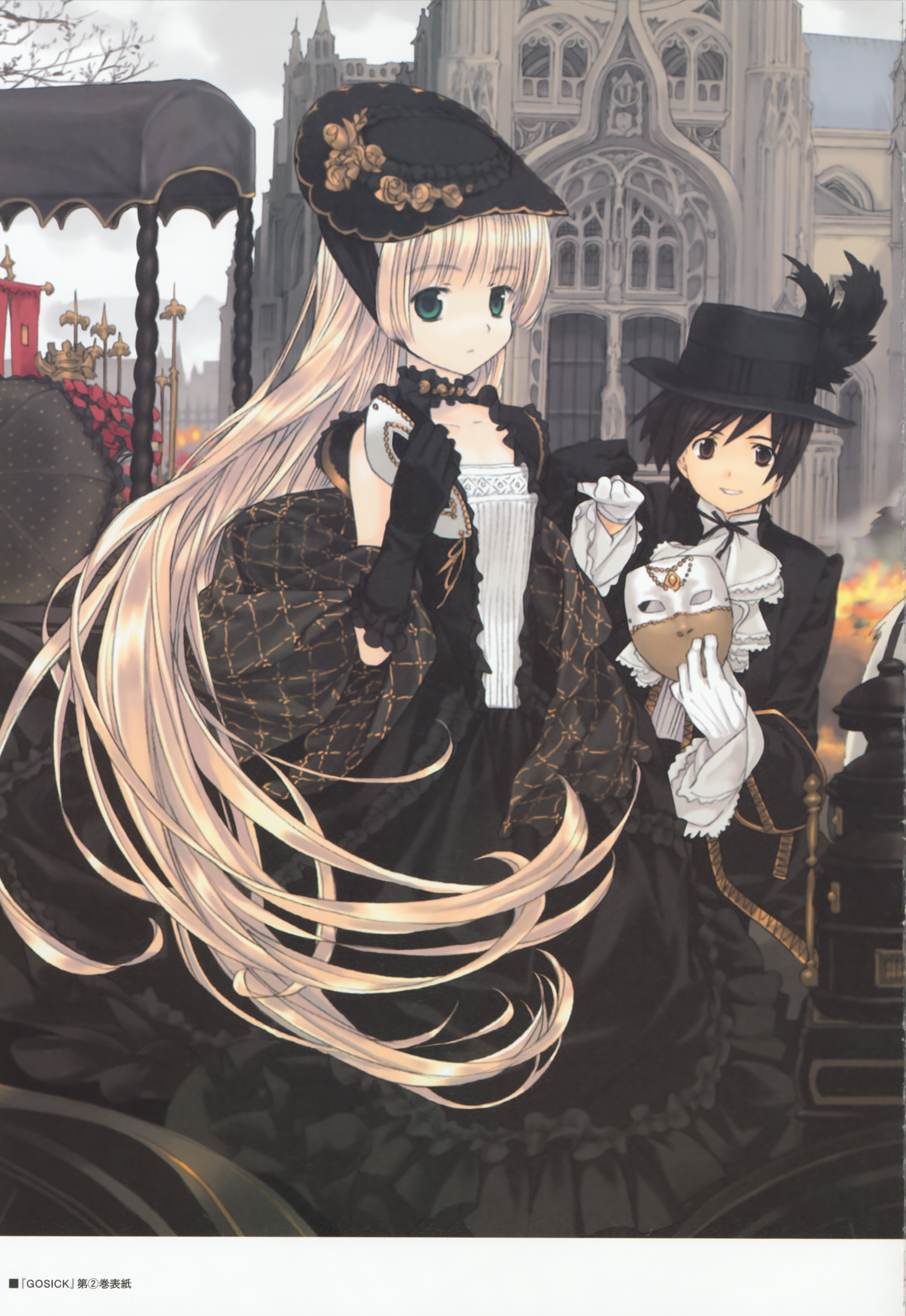 takeda hinata, kujou kazuya, victorica de blois, gosick, absurdres, highres, huge filesize, ascot, blonde hair, brown eyes, brown hair, dress, gloves, green eyes, hat, long hair, mask, victorian