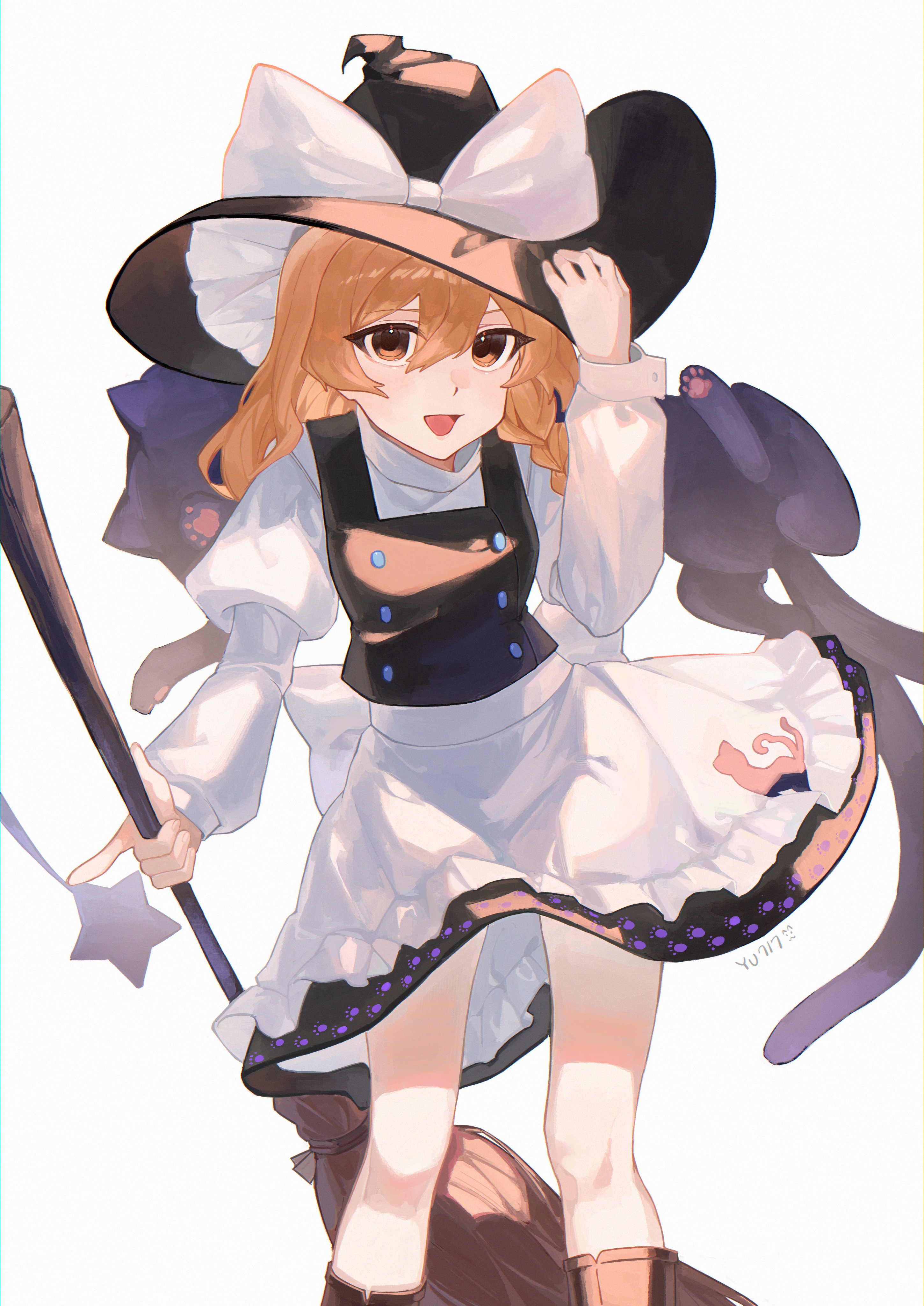 cindy717, kirisame marisa, touhou, absurdres, commentary request, highres, 1girl, :d, apron, back bow, black cat, black hat, black skirt, black vest, blonde hair, boots, bow, braid, broom, brown boots, buttons, cat, feet out of frame, finger gun, frilled apron, frills, hair bow, hand on headwear, hat, holding, holding broom, juliet sleeves, knees, long hair, long sleeves, looking at viewer, open mouth, paw print, petticoat, puffy sleeves, shirt, shooting star, single braid, skirt, smile, solo, vest, white apron, white background, white bow, white shirt, witch hat, yellow eyes