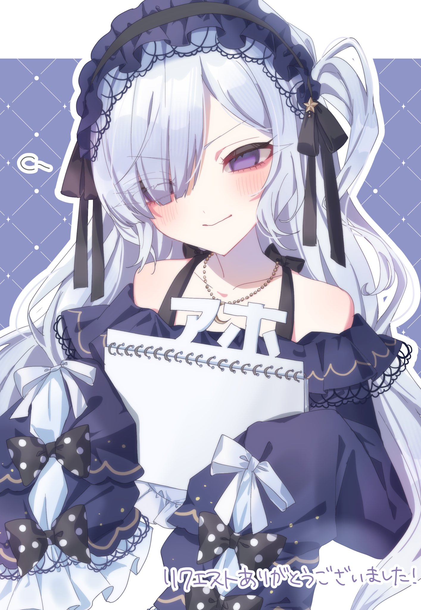 natsume anan, mahou shoujo no majo saiban, highres, 1girl, bare shoulders, bow, crescent, crescent necklace, empty eyes, gothic lolita, hair over one eye, hairband, holding, holding sketchbook, jewelry, lolita fashion, lolita hairband, long hair, magical girl, necklace, polka dot, polka dot bow, purple eyes, simple background, sketchbook, sleeves past fingers, sleeves past wrists, solo, tied sleeves, un (prmc aaa), upper body, very long hair, white hair