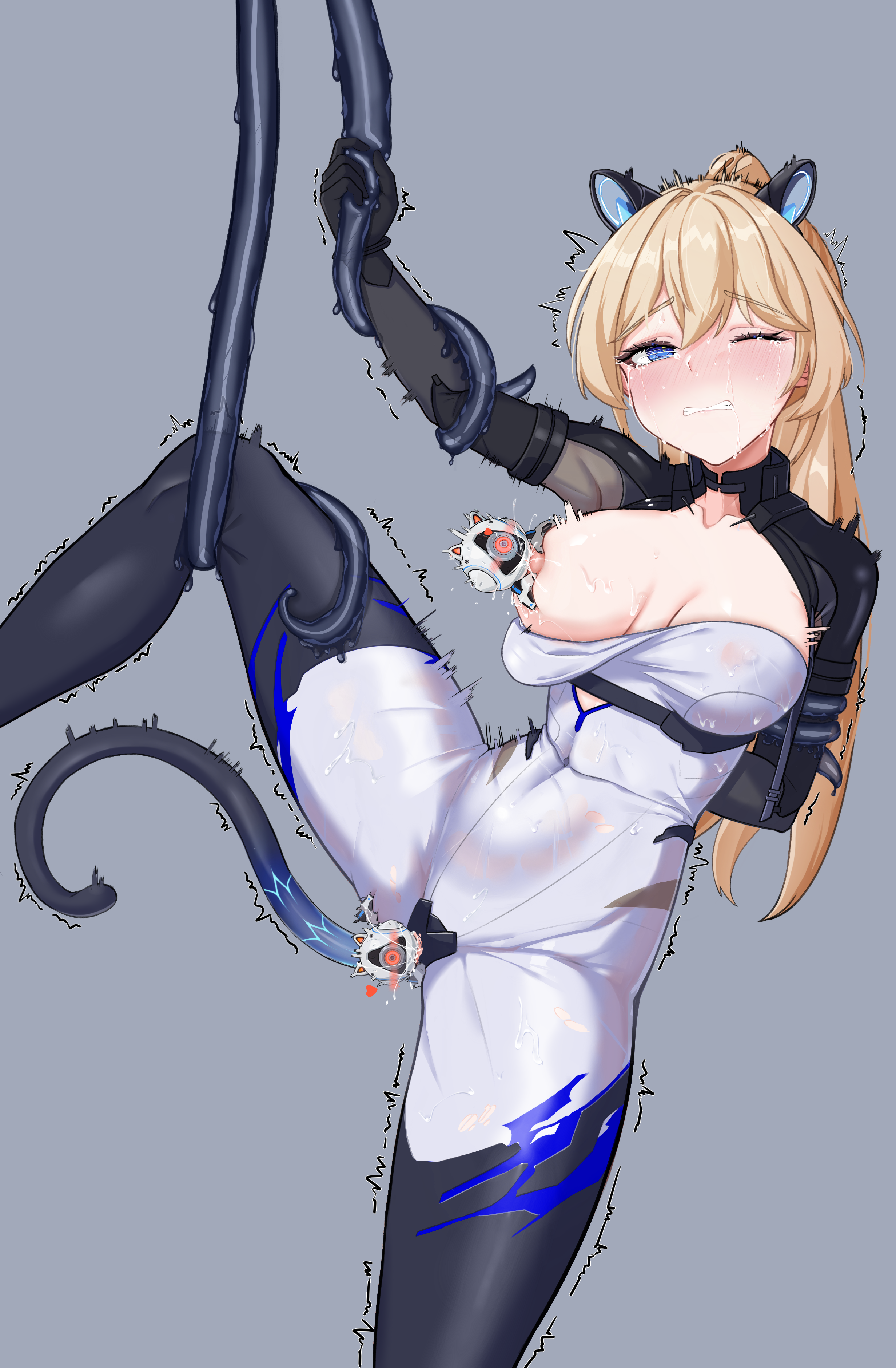uncle dash, michele (strinova), michele (tiger hunter) (strinova), strinova, highres, 1girl, animal ears, arm behind back, blonde hair, blue eyes, blush, bodysuit, breasts, breasts out, clenched teeth, collarbone, fake animal ears, fake tail, grey background, hand up, heart, lactation, large areolae, large breasts, leg grab, leg up, long hair, nipple stimulation, nipples, object insertion, one eye closed, ponytail, pussy juice, restrained, robot, see-through clothes, simple background, skin tight, solo, standing, standing on one leg, sweat, sweatdrop, tail, tears, teeth, tentacles, tiger ears, torn clothes, vaginal, vaginal object insertion