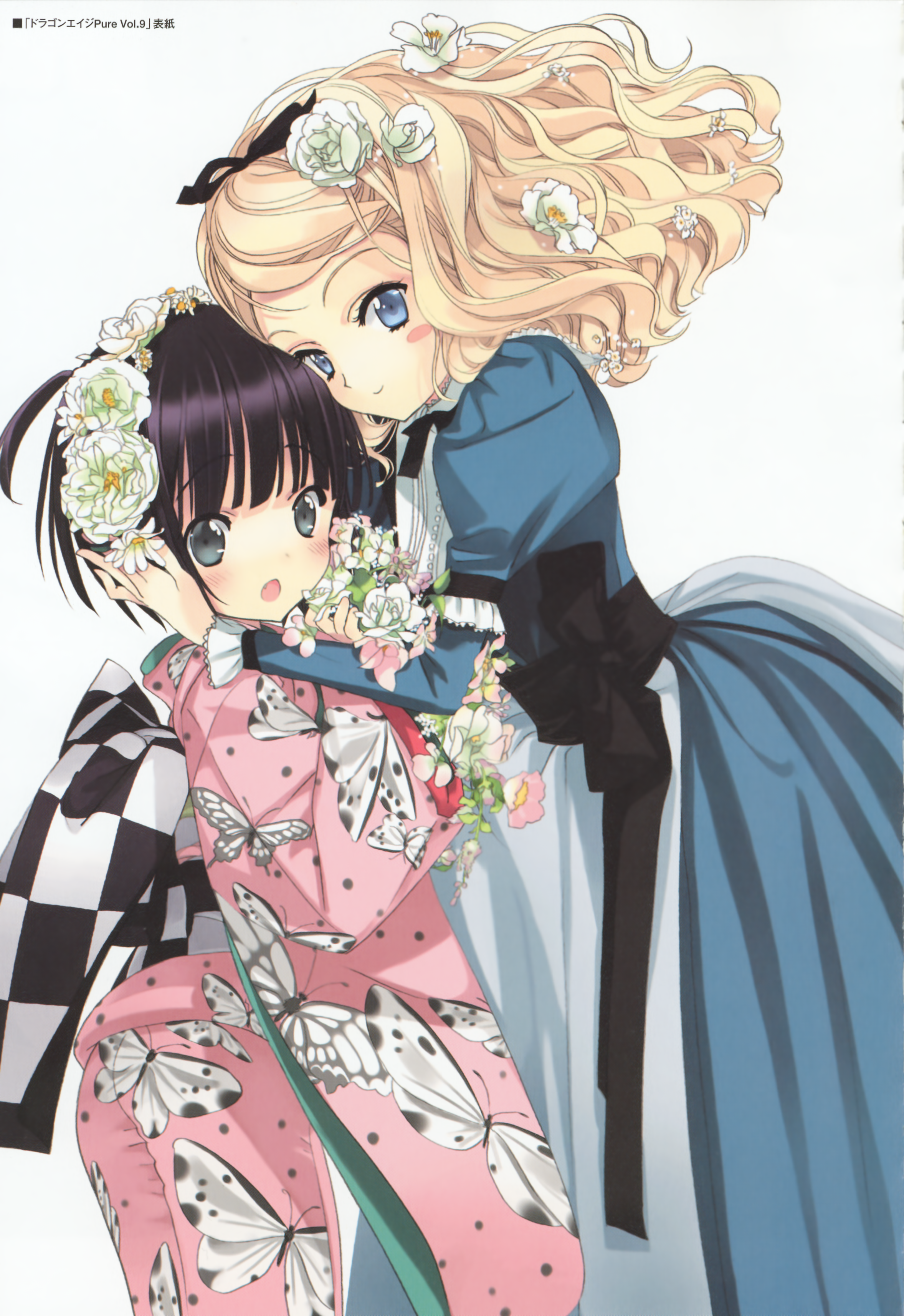 takeda hinata, alice blanche, yune (ikoku meiro no croisee), ikoku meiro no croisee, absurdres, highres, 2girls, black hair, blonde hair, blue eyes, dress, flower, grey eyes, japanese clothes, multiple girls