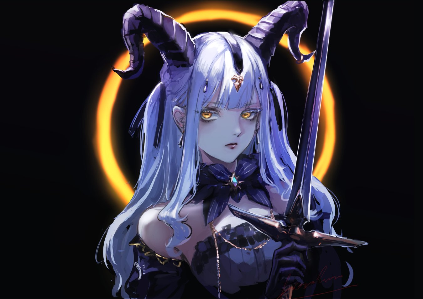 osakana (denpa yun'yun), togawa sakiko, arknights, bang dream!, bang dream! it's mygo!!!!!, commentary request, 1girl, black gloves, black horns, black ribbon, blue hair, blunt bangs, closed mouth, curled horns, detached collar, earrings, gloves, hair ribbon, holding, holding sword, holding weapon, horns, jewelry, long hair, looking at viewer, ribbon, sidelocks, solo, sword, togawa sakiko (master of melodia), weapon, yellow eyes
