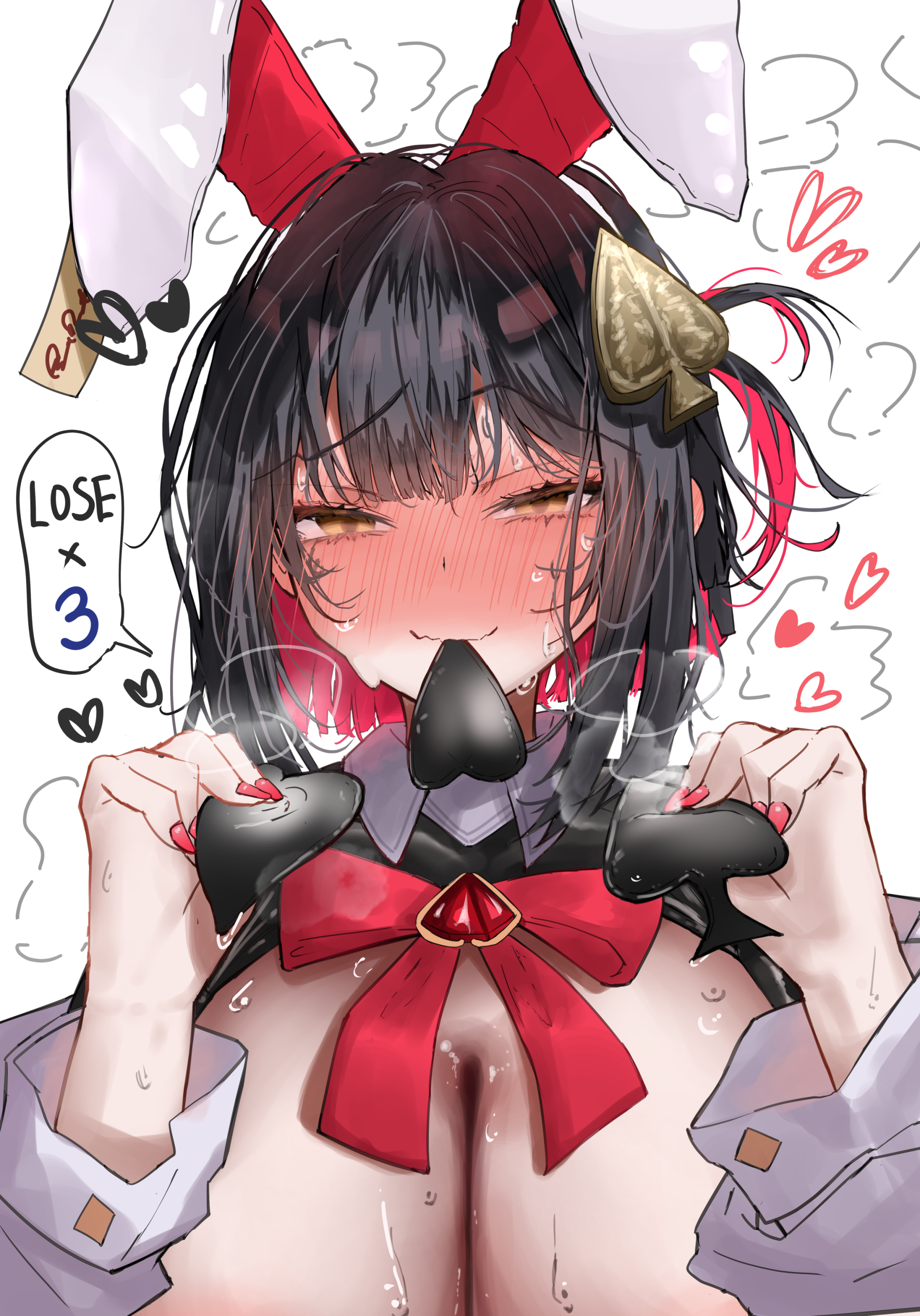 iwazaki, rouge (nikke), rouge (unlucky rabbit) (nikke), goddess of victory: nikke, absurdres, highres, 1girl, animal ear hairband, animal ears, black hair, black shrug, blush, breasts, closed mouth, colored inner hair, embarrassed, fake animal ears, frontless outfit, hair ornament, hairband, heart maebari, heart pasties, large breasts, latex shrug, maebari, multicolored hair, official alternate costume, pasties, rabbit ears, red hair, red hiphighs, removing pasties, reverse bunnysuit, reverse outfit, short hair, shrug (clothing), smile, solo, spade hair ornament, spade pasties, sweat, wavy mouth, yellow eyes