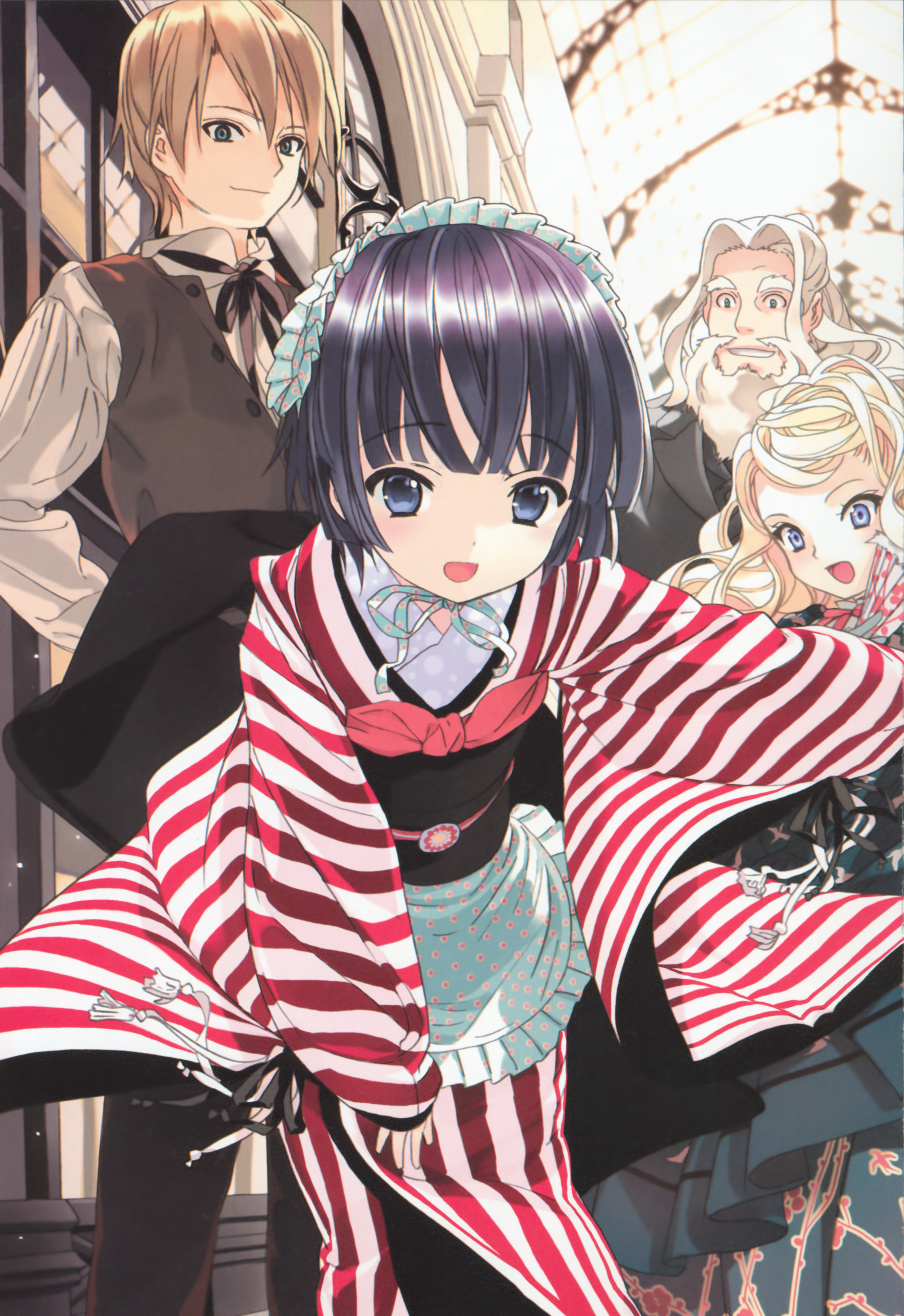 takeda hinata, alice blanche, claude claudel, oscar claudel, yune (ikoku meiro no croisee), ikoku meiro no croisee, absurdres, highres, 2boys, 2girls, blonde hair, blue eyes, dress, everyone, green eyes, japanese clothes, multiple boys, multiple girls, purple hair, white hair