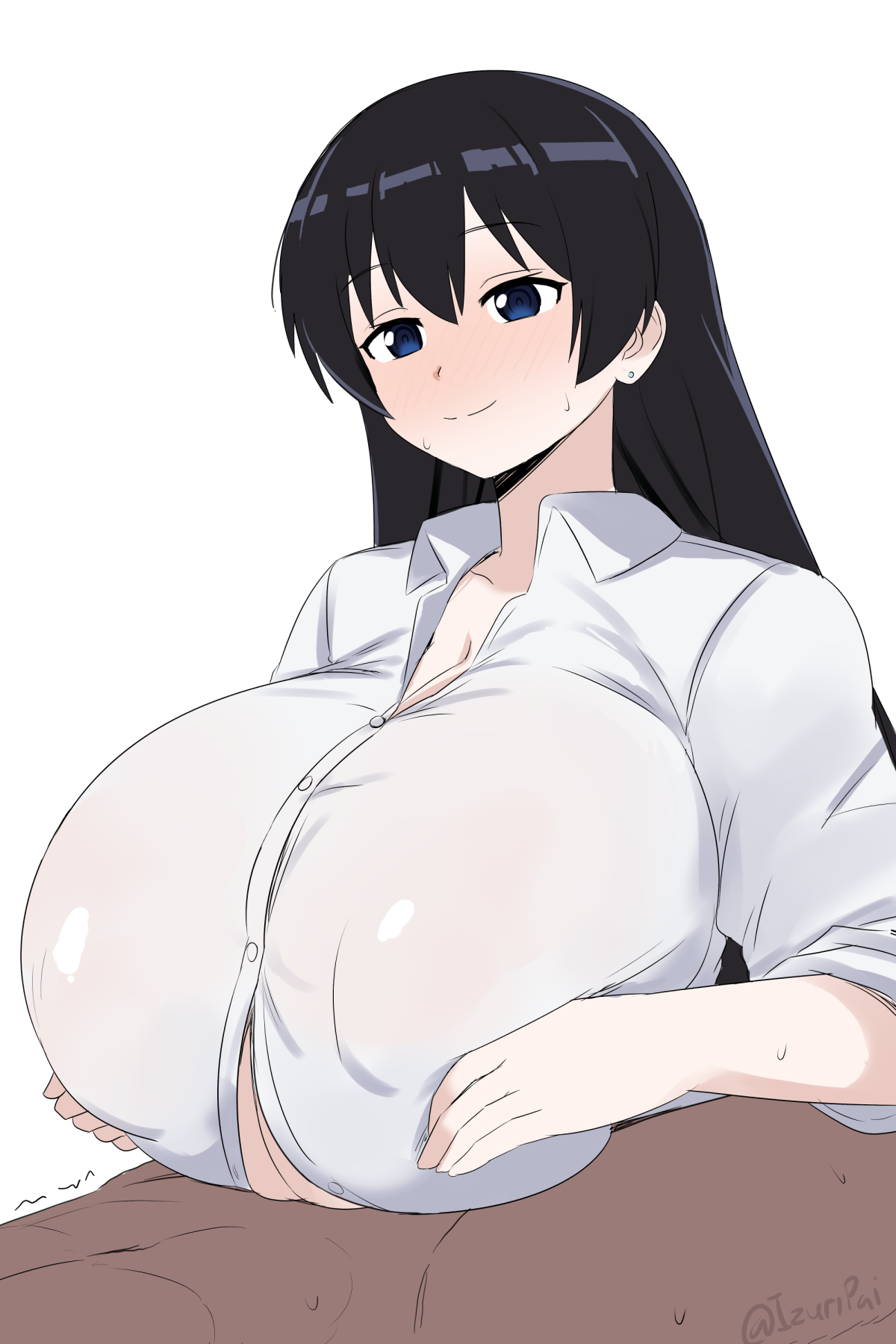 naozuri, arato nagi, ruri no houseki, commentary, highres, 1boy, 1girl, black hair, blue eyes, blush, breasts, bursting breasts, cleavage, collared shirt, gigantic breasts, hair between eyes, hetero, long hair, paizuri, paizuri under clothes, shirt, simple background, smile, twitter username, white background, white shirt
