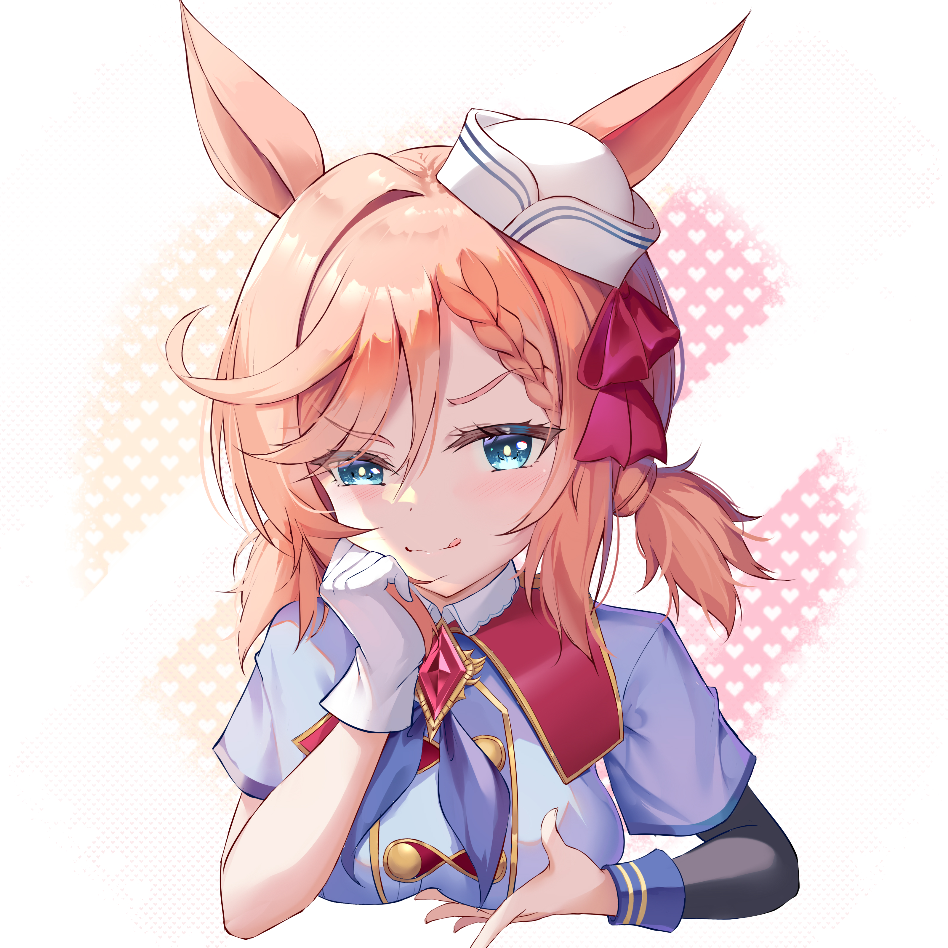 dongyue sakura, venus paques (umamusume), umamusume, absurdres, highres, 1girl, animal ears, asymmetrical sleeves, black shirt, blonde hair, blue eyes, braid, braided bangs, breasts, closed mouth, gloves, grabbing own breast, hair between eyes, hair ribbon, hands up, hat, horse ears, horse girl, layered sleeves, licking lips, long sleeves, looking at viewer, medium breasts, purple shirt, raised eyebrow, ribbon, shirt, short over long sleeves, short sleeves, single braid, solo, swept bangs, tilted headwear, tongue, tongue out, undershirt, uneven sleeves, white gloves, white hair, white hat, wrist cuffs