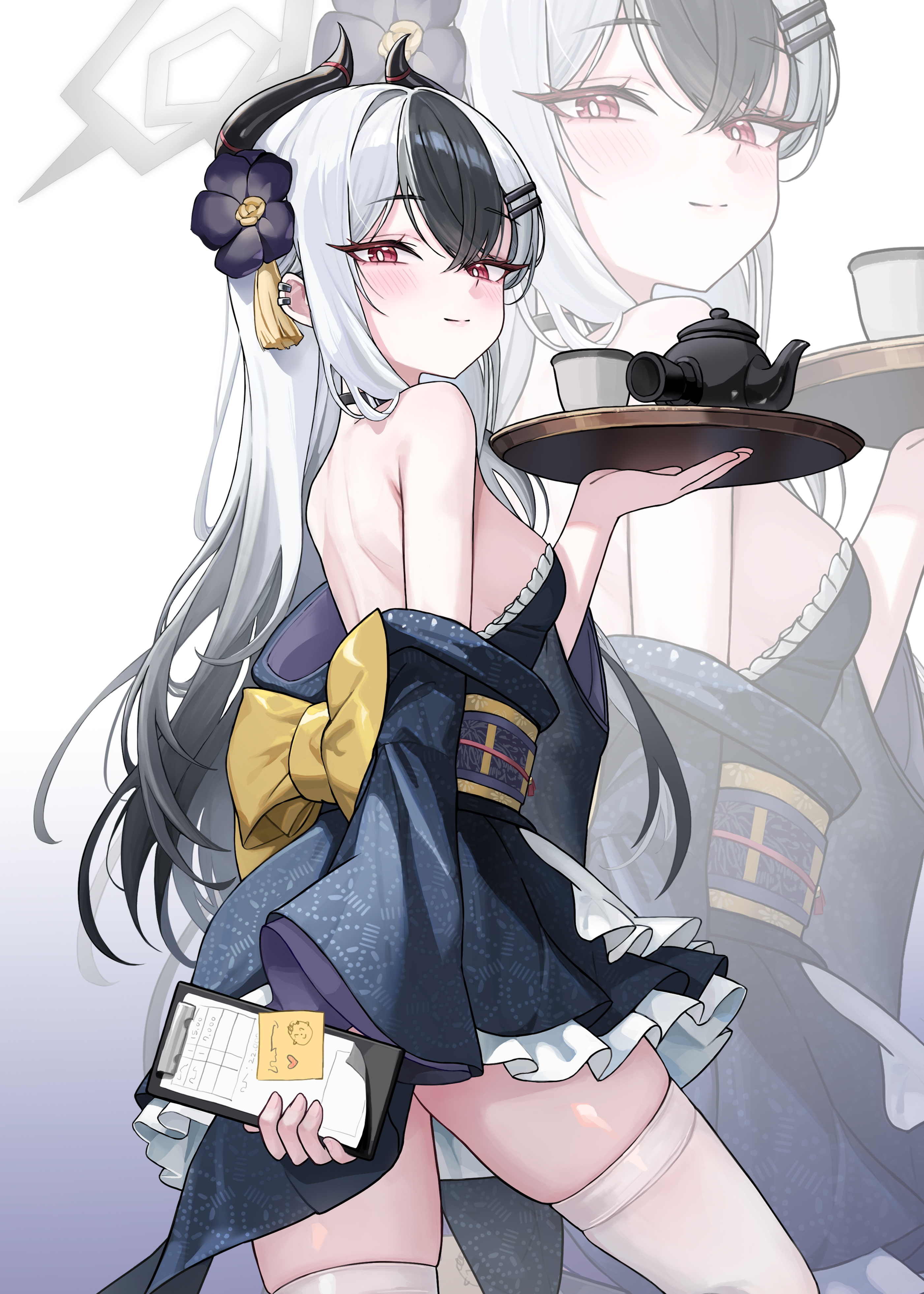 kayoko (blue archive), blue archive, absurdres, commentary, highres, 1girl, alternate costume, apron, arm behind back, back bow, bare shoulders, black hair, bow, breasts, bright pupils, closed mouth, cup, flower, hair between eyes, hair flower, hair ornament, halo, holding, horns, japanese clothes, long sleeves, mii ee2, mole, multicolored hair, off shoulder, red eyes, simple background, smile, teacup, teapot, thighhighs, white apron, white hair, white pupils, white thighhighs, yellow bow, zoom layer