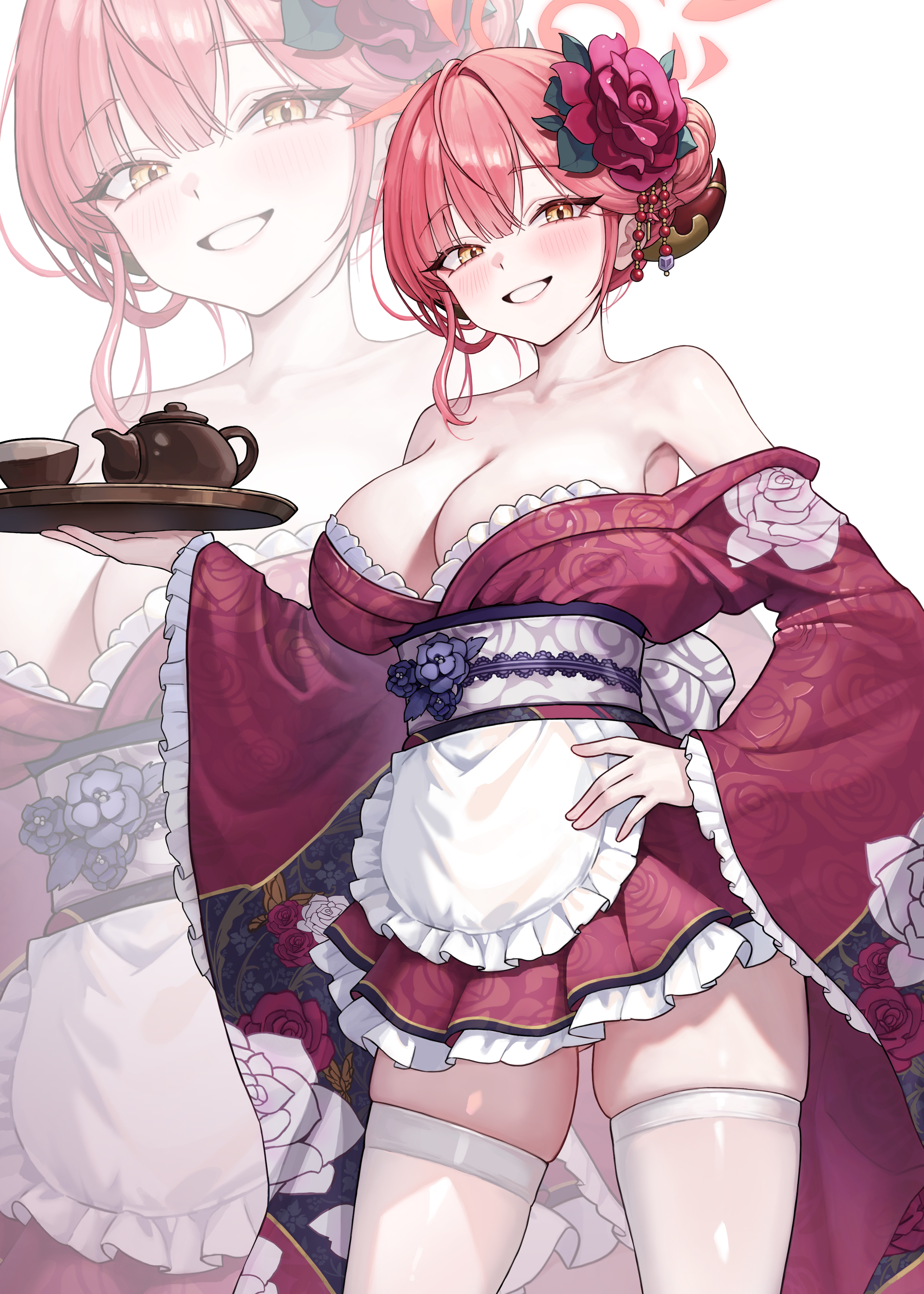 aru (blue archive), blue archive, absurdres, highres, revision, 1girl, alternate costume, alternate hairstyle, apron, bare shoulders, breasts, cleavage, cup, flower, hair flower, hair ornament, halo, hand on own hip, japanese clothes, large breasts, long sleeves, looking at viewer, mii ee2, pink eyes, red flower, red hair, simple background, smile, teacup, teapot, thighhighs, white apron, white background, white thighhighs, wide sleeves, yellow eyes, zoom layer