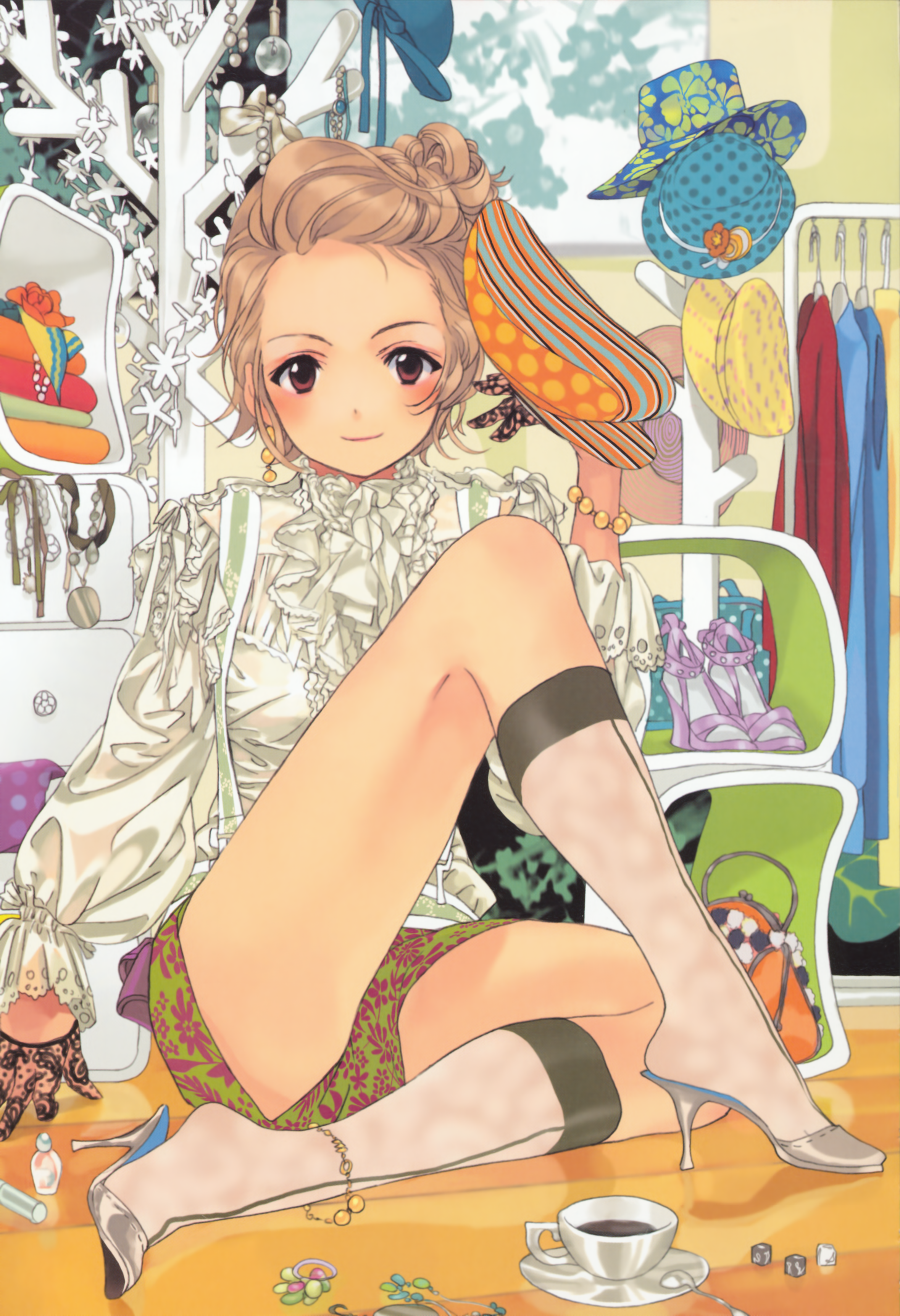 takeda hinata, clothes, absurdres, highres, scan, tagme, 1girl, anklet, bag, blush, bottle, bracelet, brown eyes, brown hair, cup, dice, dress, drink, earrings, fashion, female focus, forehead, frills, gloves, hair bun, handbag, hat, high heels, indoors, jewelry, legs, long sleeves, looking at viewer, on floor, reflective floor, saucer, short hair, shorts, sitting, smile, solo, spoon, tea, teacup, thighs