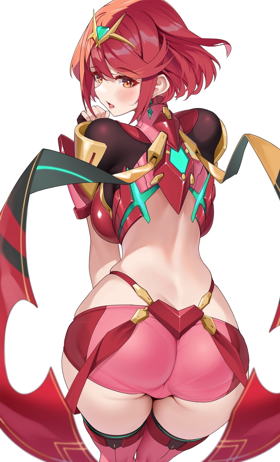 matrix16, pyra (xenoblade), xenoblade chronicles (series), xenoblade chronicles 2, highres, paid reward available, 1girl, armor, ass, back, backless outfit, bent over, blush, bob cut, breasts, core crystal (xenoblade), crop top, from behind, gem, green gemstone, impossible clothes, large breasts, looking at viewer, looking back, open mouth, pink shorts, pink thighhighs, red eyes, red hair, short hair, short shorts, short sleeves, shorts, shoulder armor, simple background, solo, suspenders, thighhighs, thighs, tiara, white background