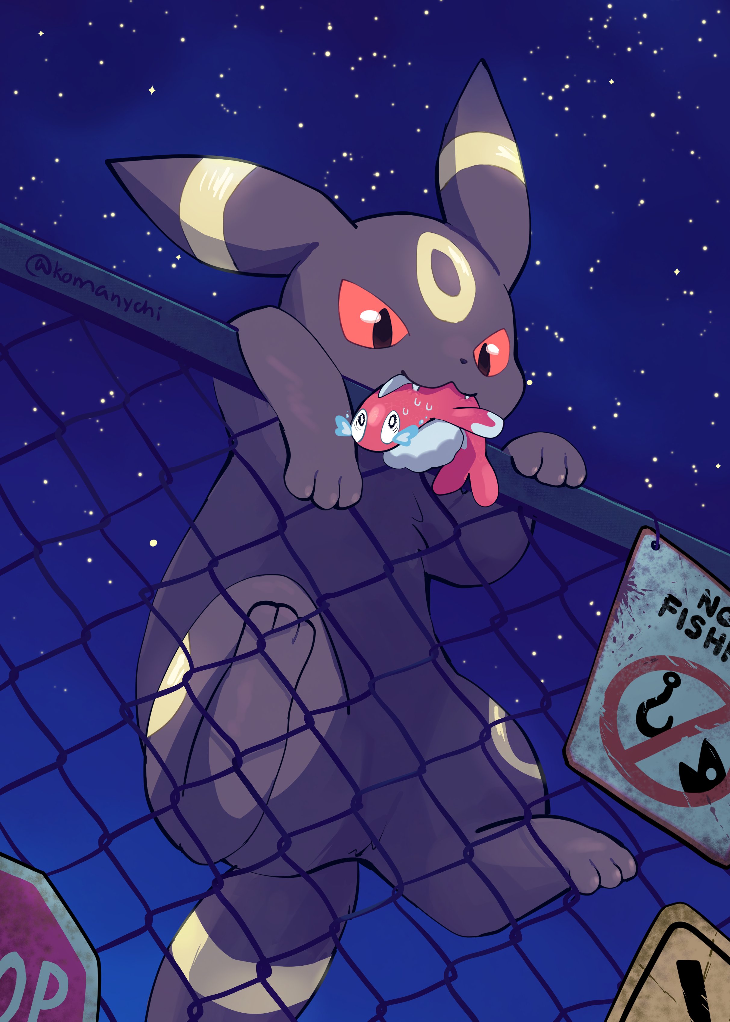 komanychi, tatsugiri, tatsugiri (droopy), umbreon, nintendo, pokemon, absurdres, highres, animal focus, black eyes, black fur, climbing, colored sclera, eating, fangs, fence, fish, food, food in mouth, gen 2 pokemon, nervous sweating, night, night sky, no humans, outdoors, pokemon (creature), pokemon focus, red eyes, red sclera, sign, sky, sweat, tail