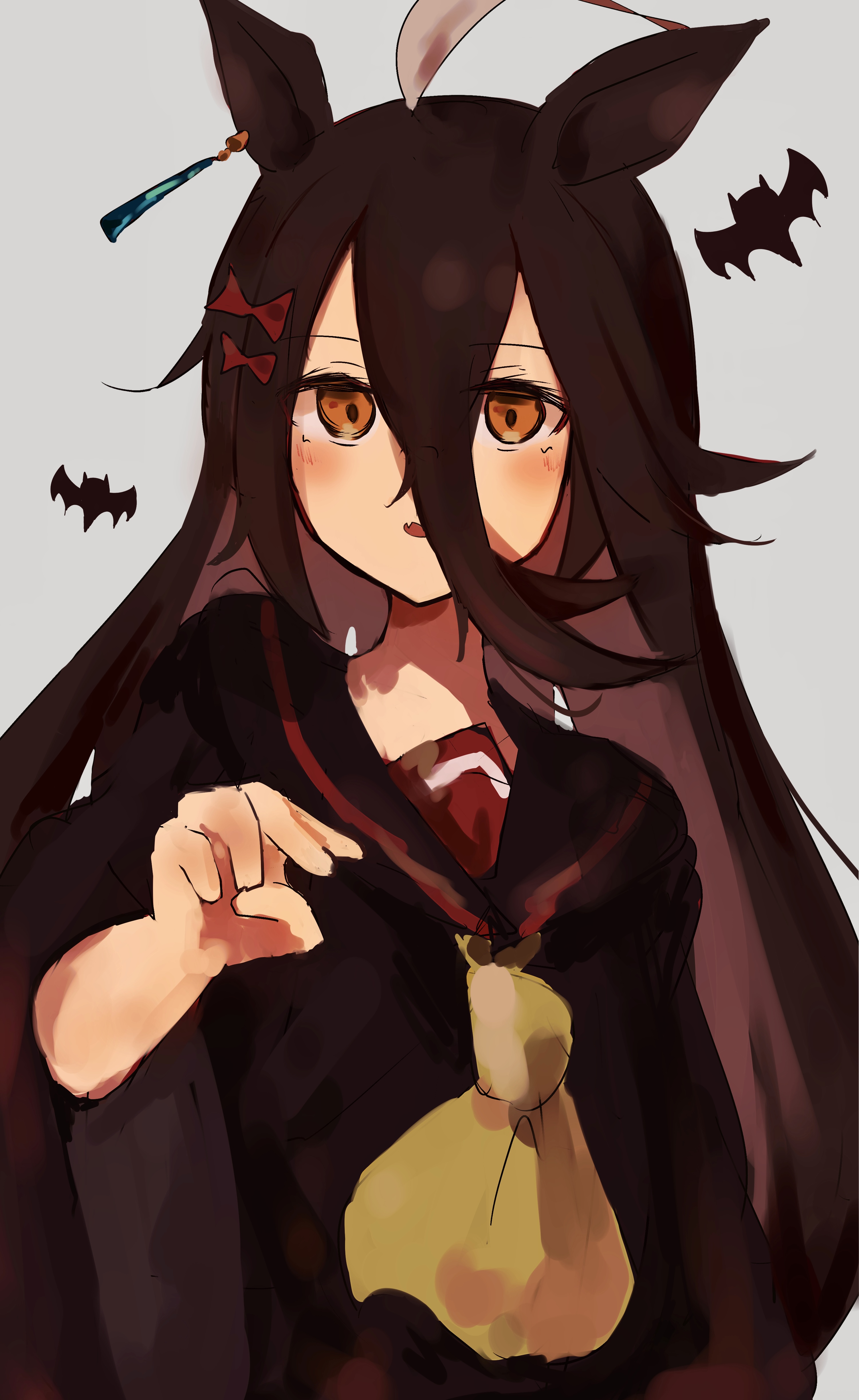 izi dw, manhattan cafe (umamusume), umamusume, absurdres, highres, 1girl, ahoge, alternate eye color, ascot, bat (animal), black hair, black shirt, blue sailor collar, blush, bow, ear ornament, ear tag, earrings, fang, grey hair, hair between eyes, hair bow, hand up, jewelry, long hair, long hair between eyes, long sleeves, multicolored hair, orange eyes, parted lips, red bow, sailor collar, shirt, simple background, single earring, skin fang, solo, very long hair, white background, yellow ascot