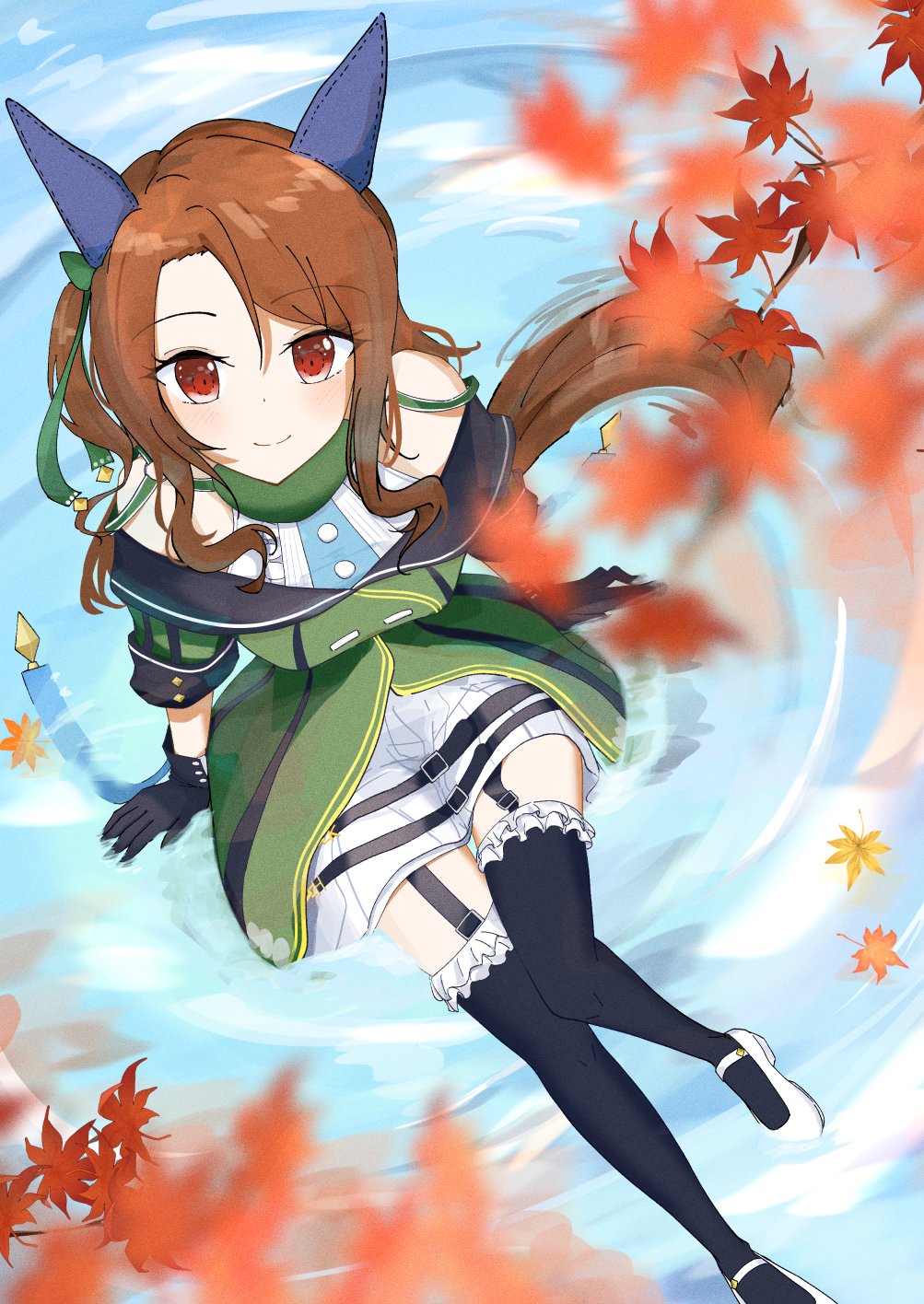 ka ga chi, king halo (umamusume), umamusume, highres, 1girl, animal ears, autumn leaves, bare shoulders, black gloves, black thighhighs, blush, bow, breasts, brown hair, closed mouth, dress, ear bow, ear covers, ear ribbon, from above, garter straps, gloves, green bow, green dress, horse ears, horse girl, horse tail, leaf, long hair, looking at viewer, red eyes, ripples, smile, solo, tail, thighhighs, water
