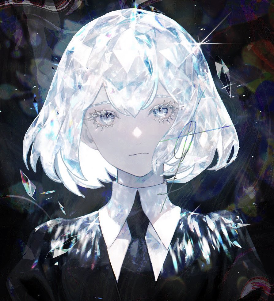 ham melon (iloha 24), diamond (houseki no kuni), houseki no kuni, commentary, symbol-only commentary, 1other, androgynous, black background, black necktie, black shirt, blue eyes, closed mouth, collared shirt, colored eyelashes, crystal, crystal hair, expressionless, eyelashes, gem, gem uniform (houseki no kuni), glint, glowing, glowing hair, hair between eyes, looking at viewer, multicolored hair, necktie, pale skin, portrait, rainbow hair, shards, shirt, short hair, sidelocks, solo, white shirt, wing collar