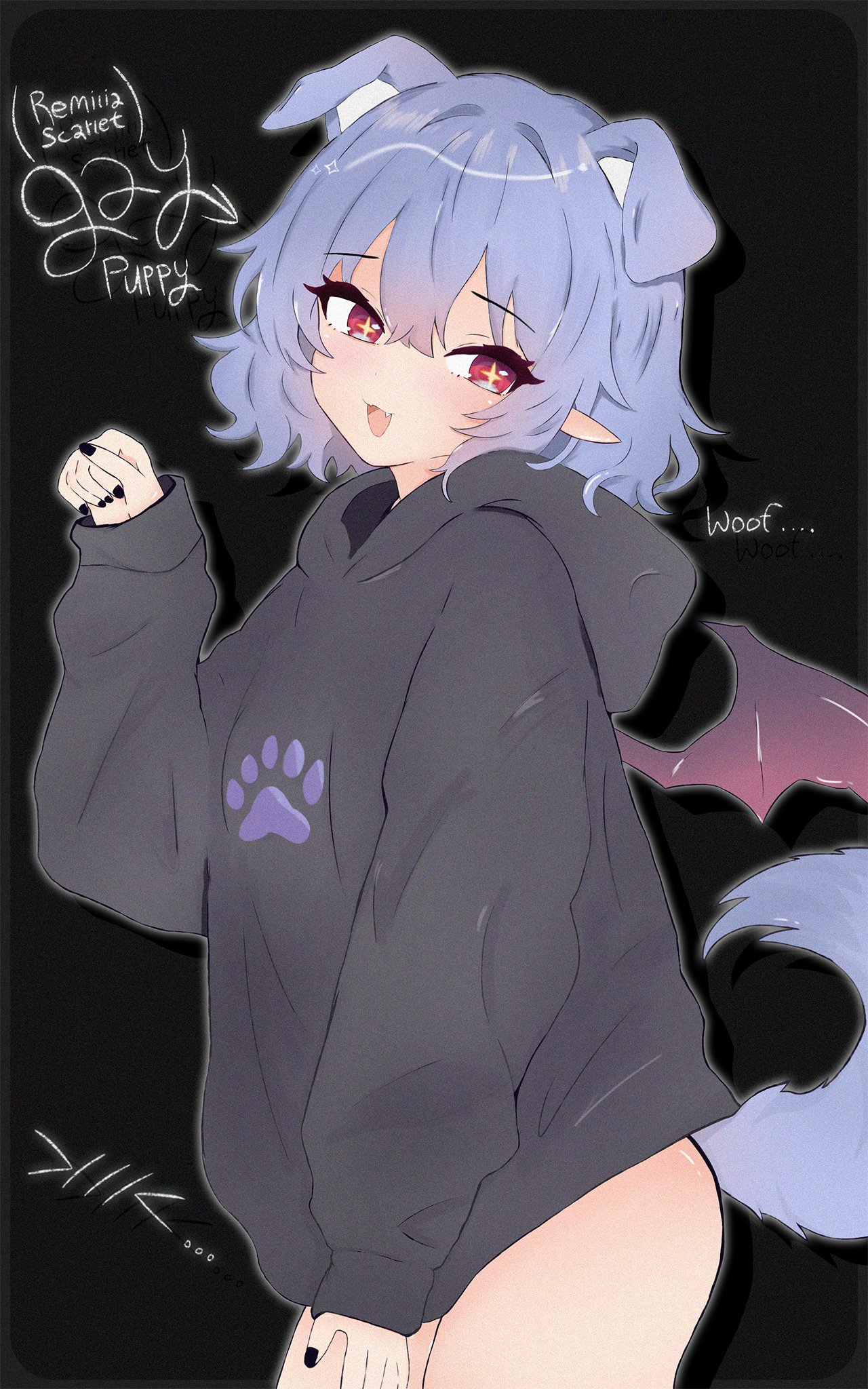 nyuh, remilia scarlet, touhou, highres, 1girl, :3, animal ears, ass, bat wings, black background, black hoodie, black nails, character name, dog ears, dog girl, dog tail, fang, hair between eyes, hand up, hood, hoodie, nail polish, no pants, open mouth, paw pose, paw print, pink hair, pointy ears, red eyes, short hair, simple background, solo, star (symbol), star in eye, symbol in eye, tail, wings