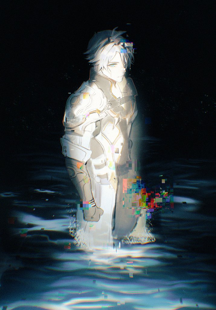 ilriyum, phainon (honkai: star rail), honkai: star rail, honkai (series), 1boy, antenna hair, armor, belt, black belt, black choker, black gloves, black pants, black sky, blue eyes, choker, clenched hand, closed mouth, cowboy shot, glitch, gloves, hair between eyes, jacket, long sleeves, looking at viewer, male focus, night, night sky, ocean, outdoors, pants, short hair, shoulder armor, sky, solo, standing, sun symbol, white hair, white jacket