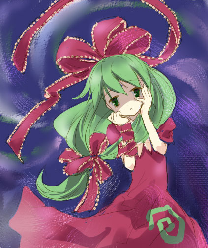 shige, kagiyama hina, touhou, 1girl, bow, dress, female focus, green eyes, green hair, hair bow, hair ribbon, long hair, matching hair/eyes, red dress, ribbon, short sleeves, solo