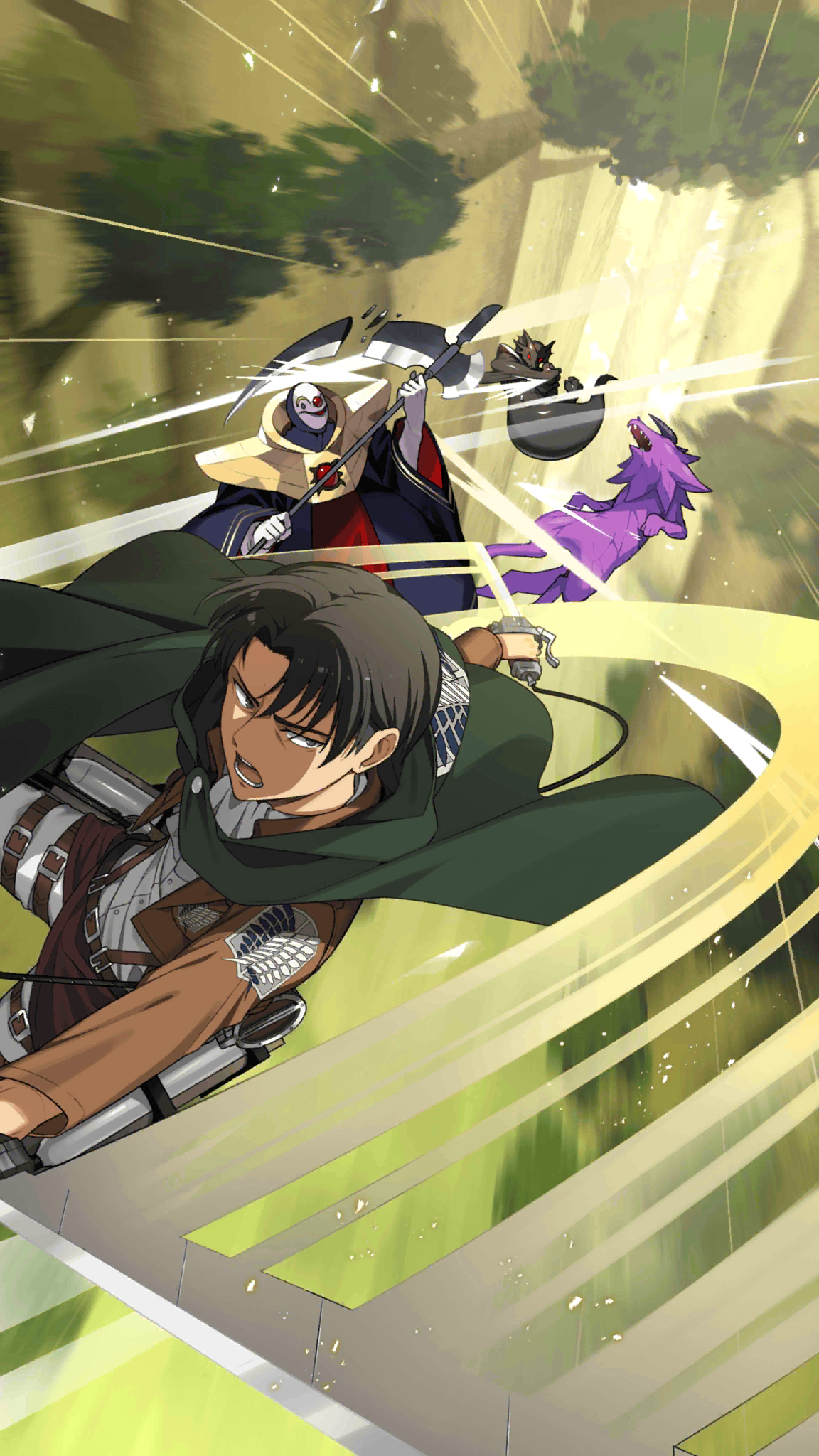 levi (shingeki no kyojin), naga (monster farm), tiger (monster farm), collaboration works, line: monster farm, monster farm, shingeki no kyojin, official art, 1boy, cabalos (monster farm), crimson eyed (monster farm), joker (monster farm), scythe, sword, weapon