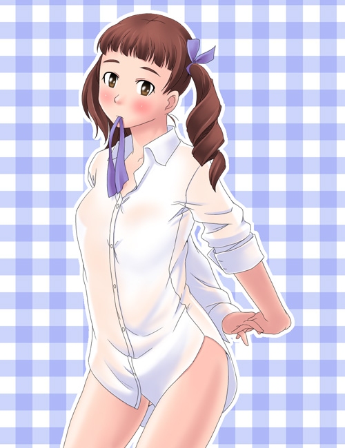 toshifumi, matsudaira touko, maria-sama ga miteru, 00s, 1girl, arms behind back, blush, bottomless, cowboy shot, dress shirt, drill hair, female focus, mouth hold, naked shirt, no pants, ribbon, ribbon in mouth, see-through clothes, shirt, sleeves rolled up, solo, stretching