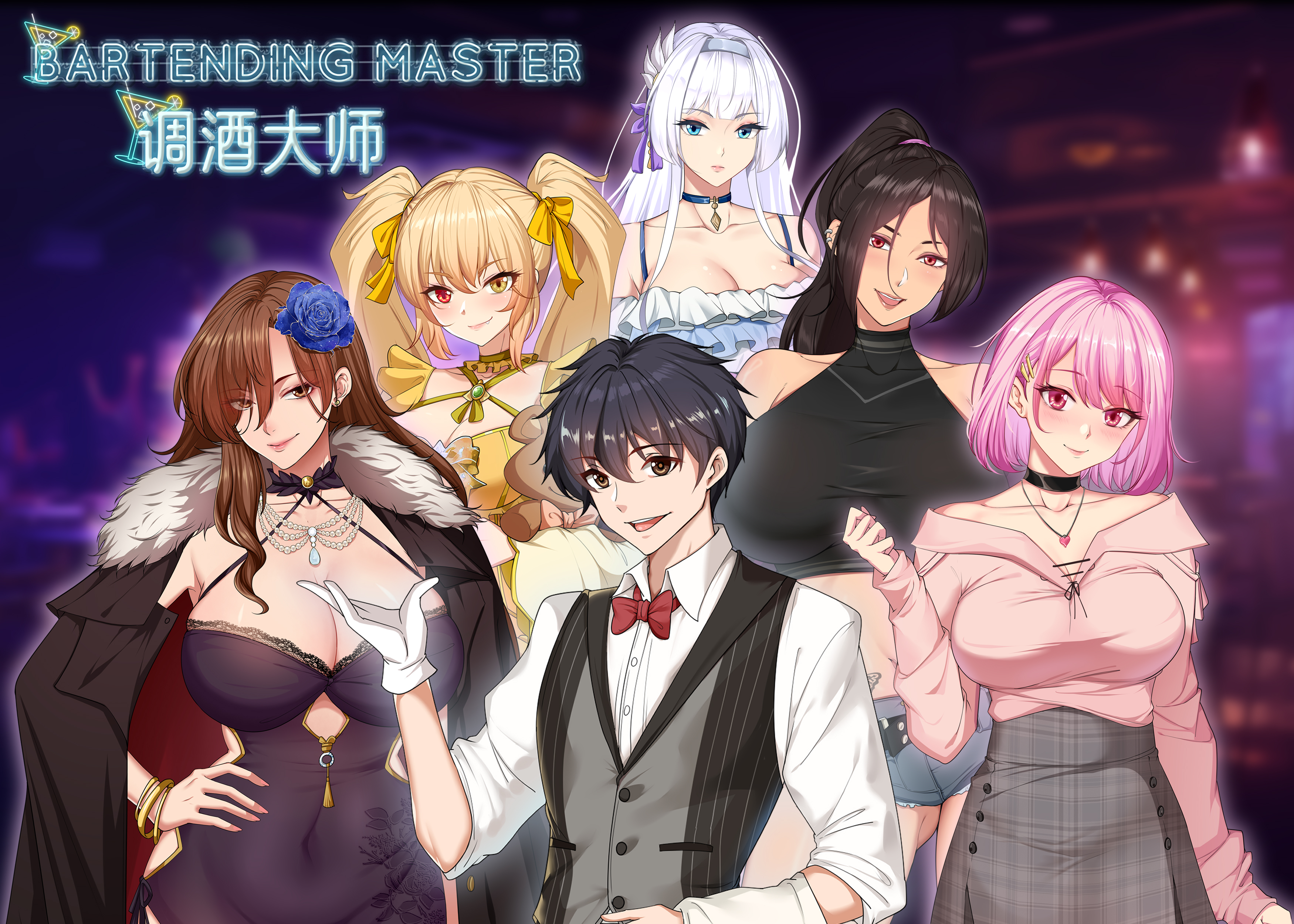 imi kuji, plaid, highres, 1boy, 5girls, bare shoulders, black hair, blonde hair, blue choker, blue dress, blue eyes, blue flower, blue rose, blue shorts, blurry, blurry background, bow, bowtie, bracelet, breasts, brown eyes, brown hair, choker, cleavage, closed mouth, coat, coat on shoulders, collarbone, collared shirt, covered navel, crop top, denim, denim shorts, dress, flower, fur trim, gloves, grey skirt, hair flower, hair ornament, hair ribbon, halter dress, halterneck, hand on own hip, hand up, heterochromia, jewelry, large breasts, long hair, long sleeves, looking at viewer, midriff, multiple girls, necklace, off shoulder, open mouth, pink eyes, pink hair, ponytail, red bow, red bowtie, red eyes, ribbon, rose, shirt, short hair, short shorts, shorts, skirt, sleeveless, smile, twintails, vest, white gloves, white hair, white shirt, yellow eyes