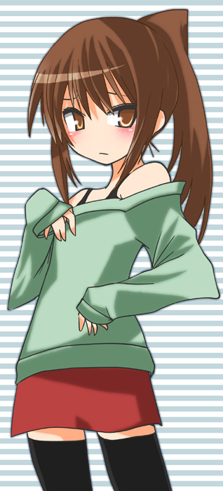hane (hanegoya), kyonko, suzumiya haruhi no yuuutsu, 00s, 1girl, brown eyes, brown hair, casual, female focus, genderswap, genderswap (mtf), no nose, ponytail, solo, thighhighs, zettai ryouiki