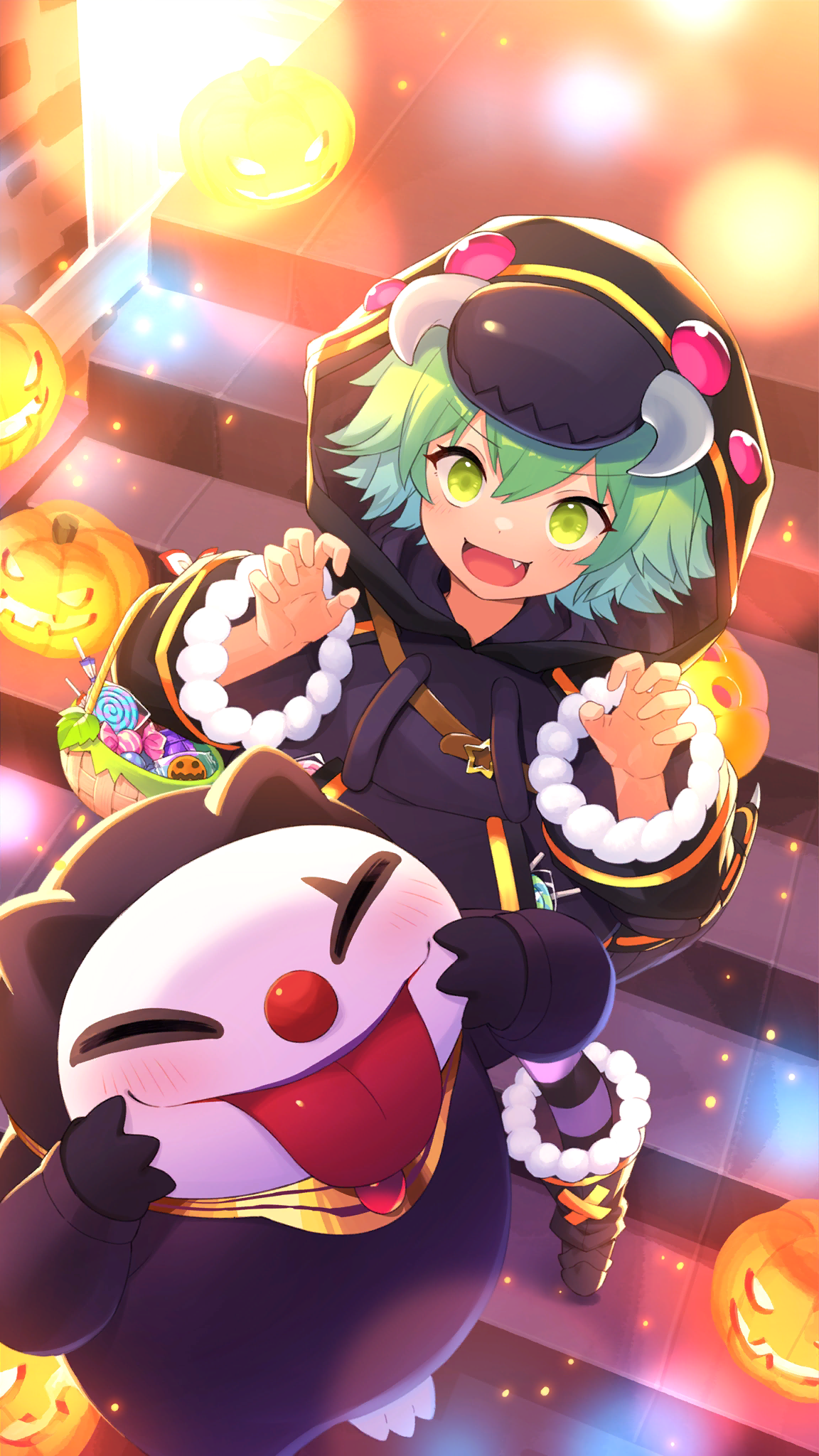 mocchi (monster farm), line: monster farm, monster farm, official art, 1girl, black worm (monster farm), candy, food, green eyes, green hair, halloween, halloween costume, hell pierott (monster farm), nia (monster farm), pumpkin